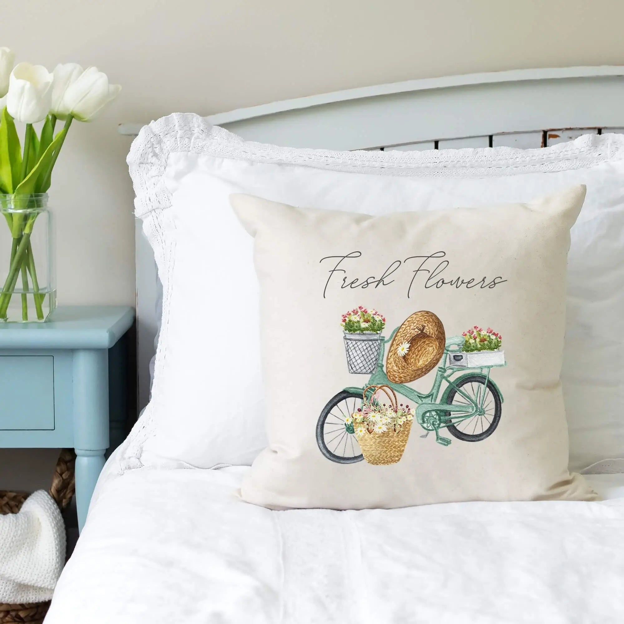Farmhouse pillow with 'Fresh Flowers' bike design, perfect for cozy cottage bedroom decor