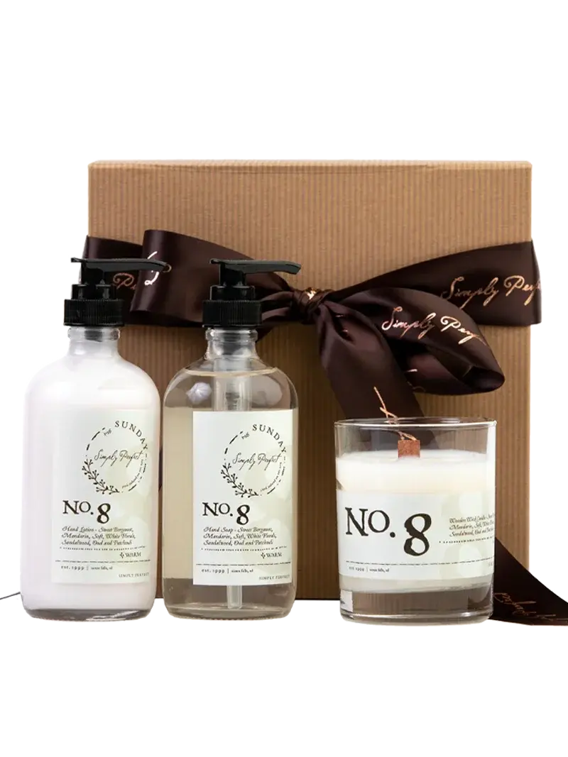 No. 8 bath & body gift set with hand soap, lotion, candle, and ribbon-wrapped box for cozy home decor