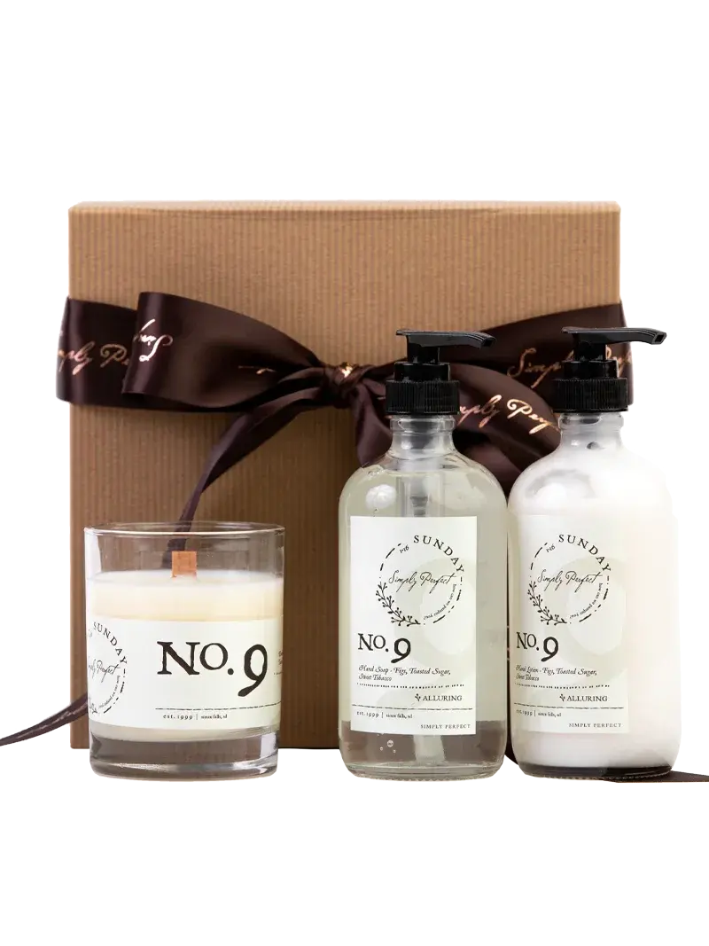 Cozy farmhouse bath set with No. 9 candle, hand soap, and lotion in gift box, perfect for thoughtful home decor gifts