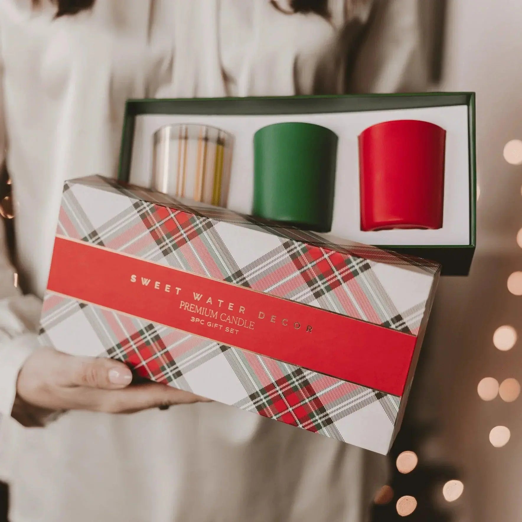 Sweet Water Decor 3pc premium candle gift set in plaid box with red, green, and striped candles