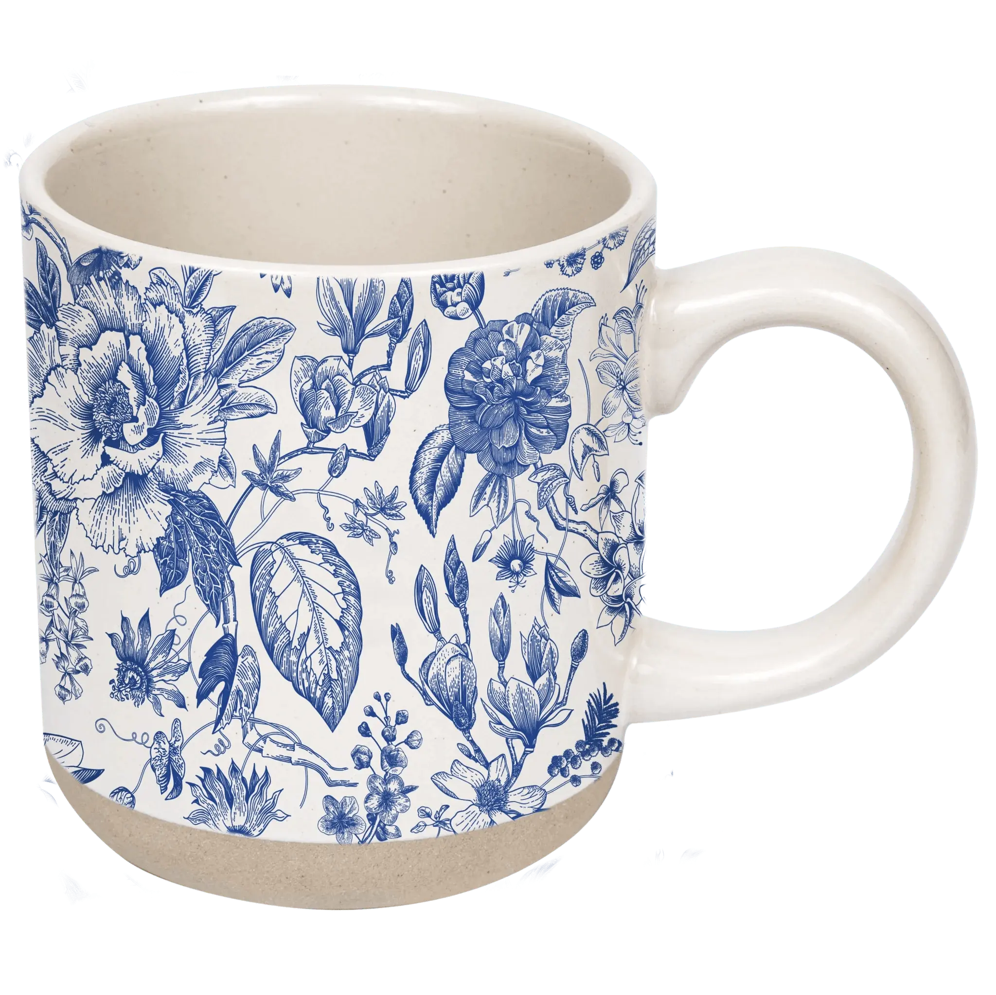 Blue floral pattern ceramic mug, farmhouse cottage style home decor