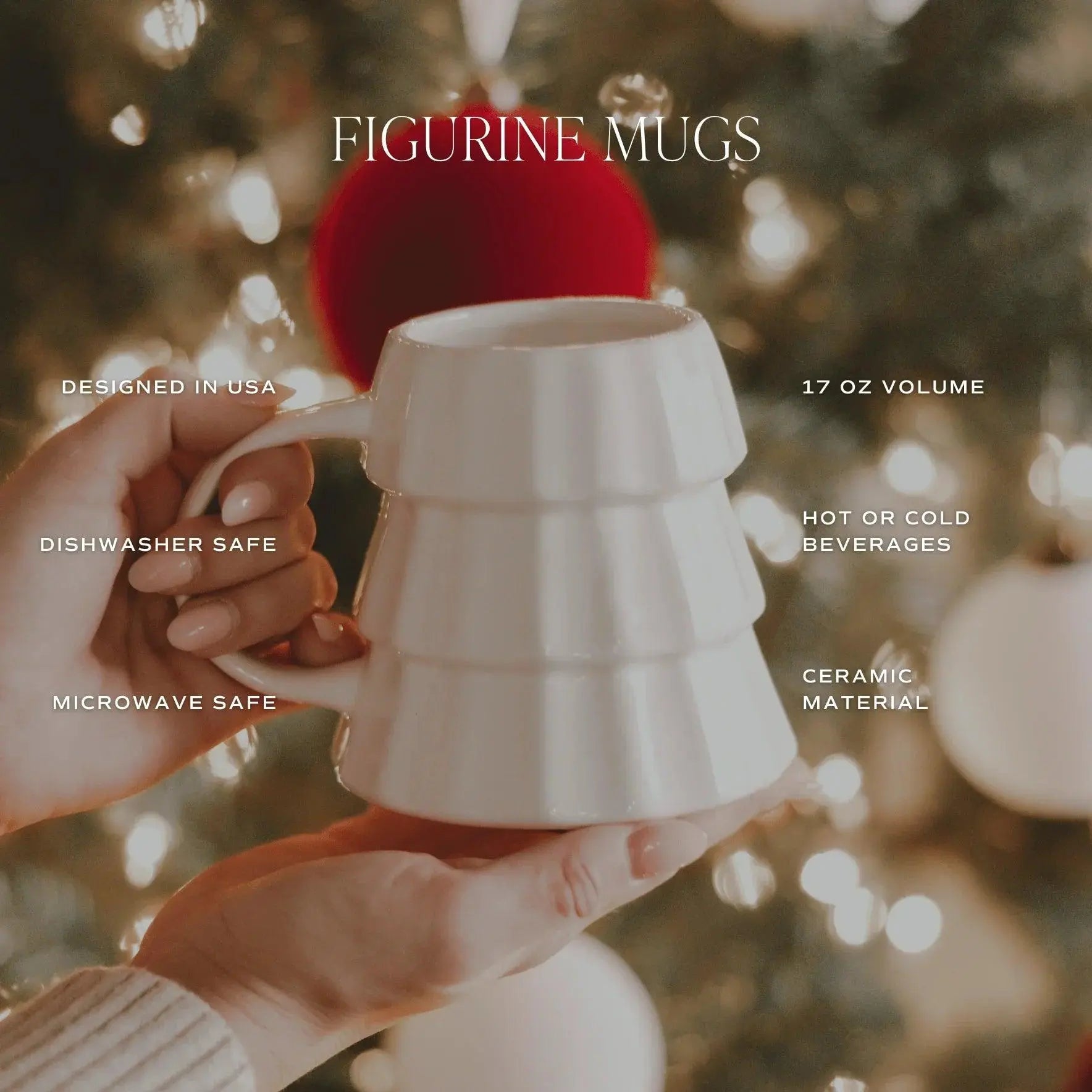 White ceramic figurine mug for hot or cold drinks, 17 oz, microwave & dishwasher safe, cozy holiday decor