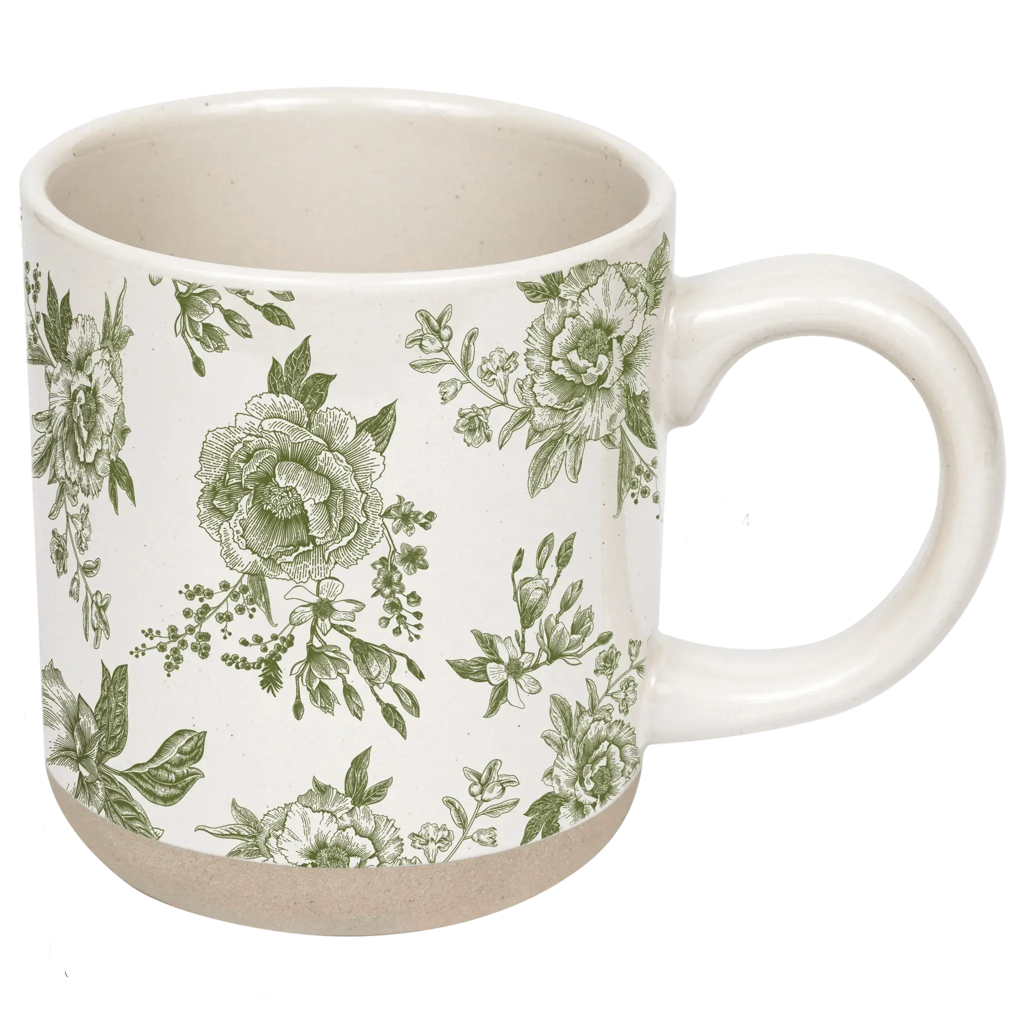 Cream ceramic mug with green floral peony print, farmhouse style coffee cup for cozy home decor