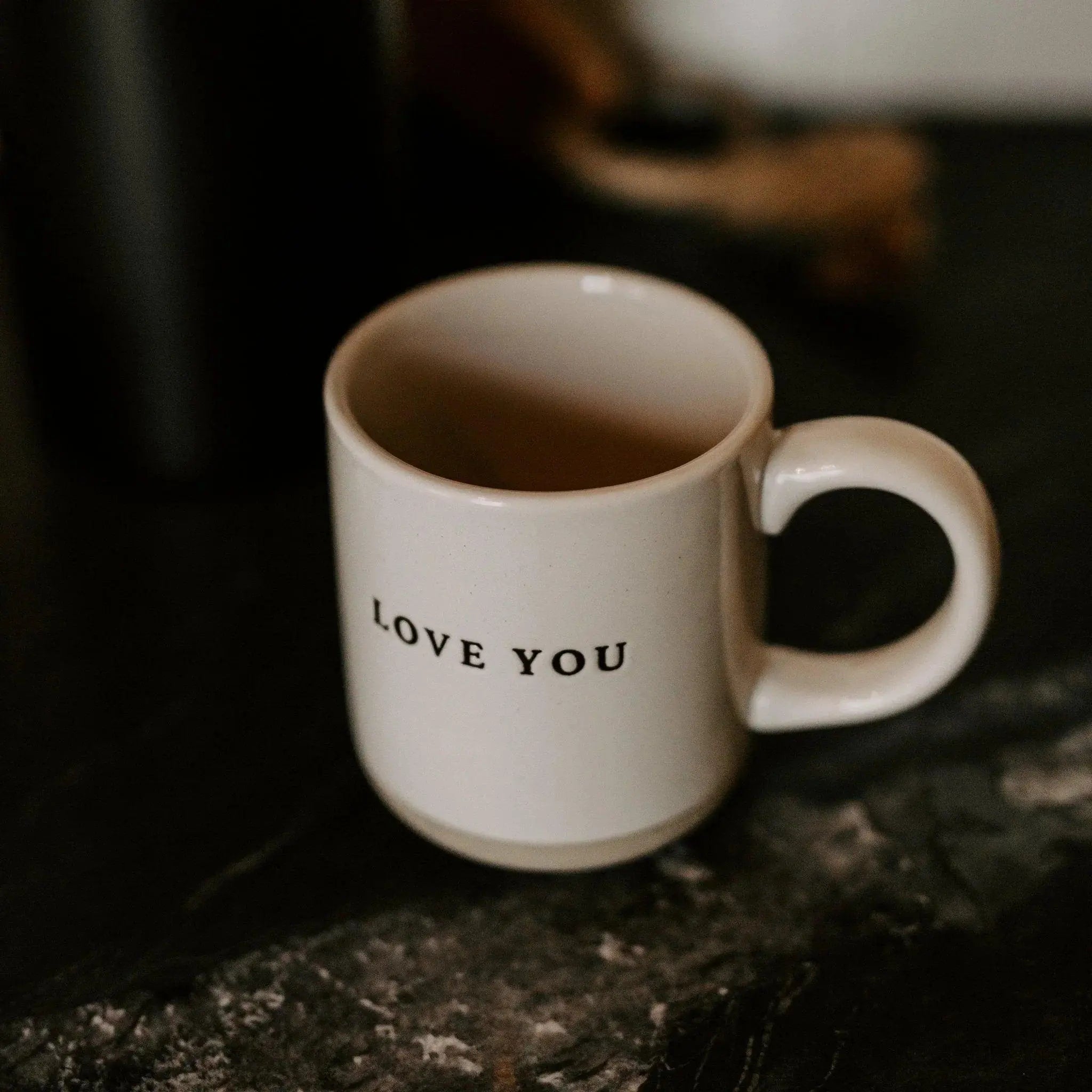 White ceramic mug with 'LOVE YOU' text, cozy farmhouse decor for home or gift