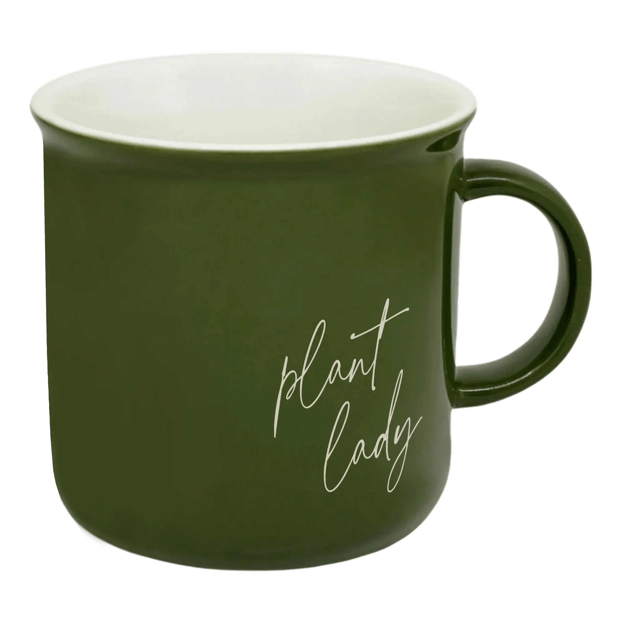 Green ceramic mug with 'plant lady' script, cozy farmhouse home decor