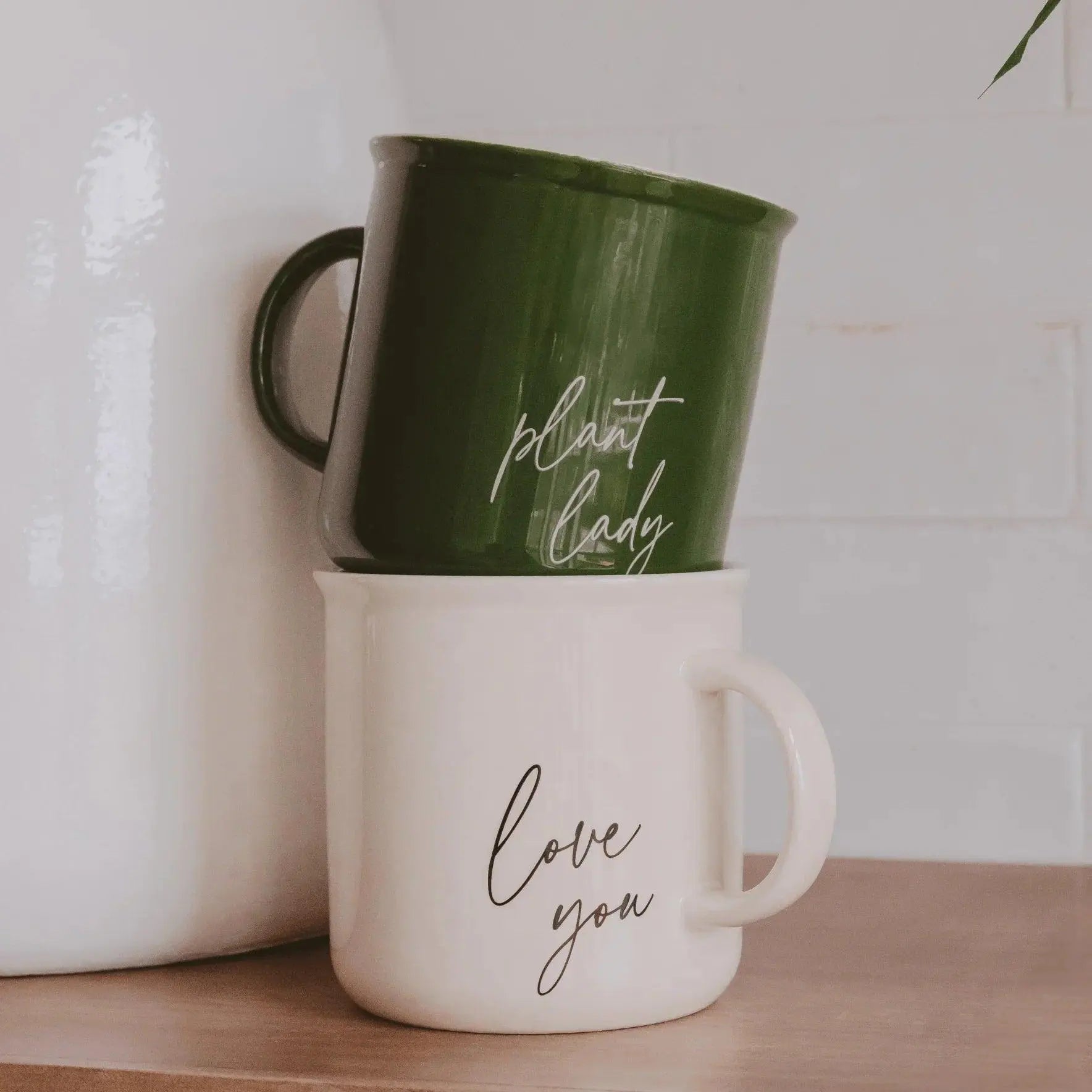 Cozy farmhouse ceramic mugs with 'plant lady' and 'love you' script, perfect for cottage style home decor