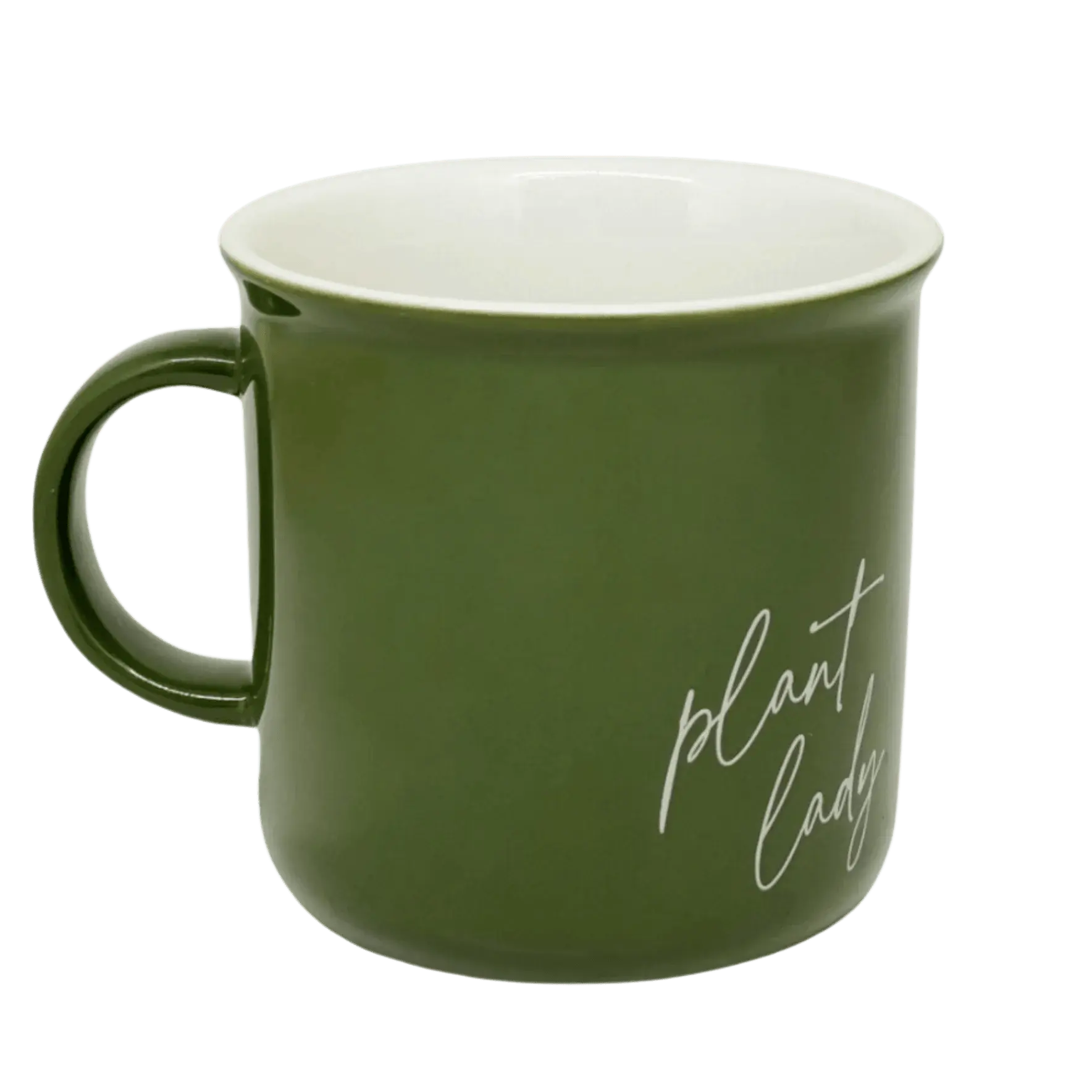 Green ceramic mug with 'plant lady' script, cozy farmhouse decor for coffee lovers
