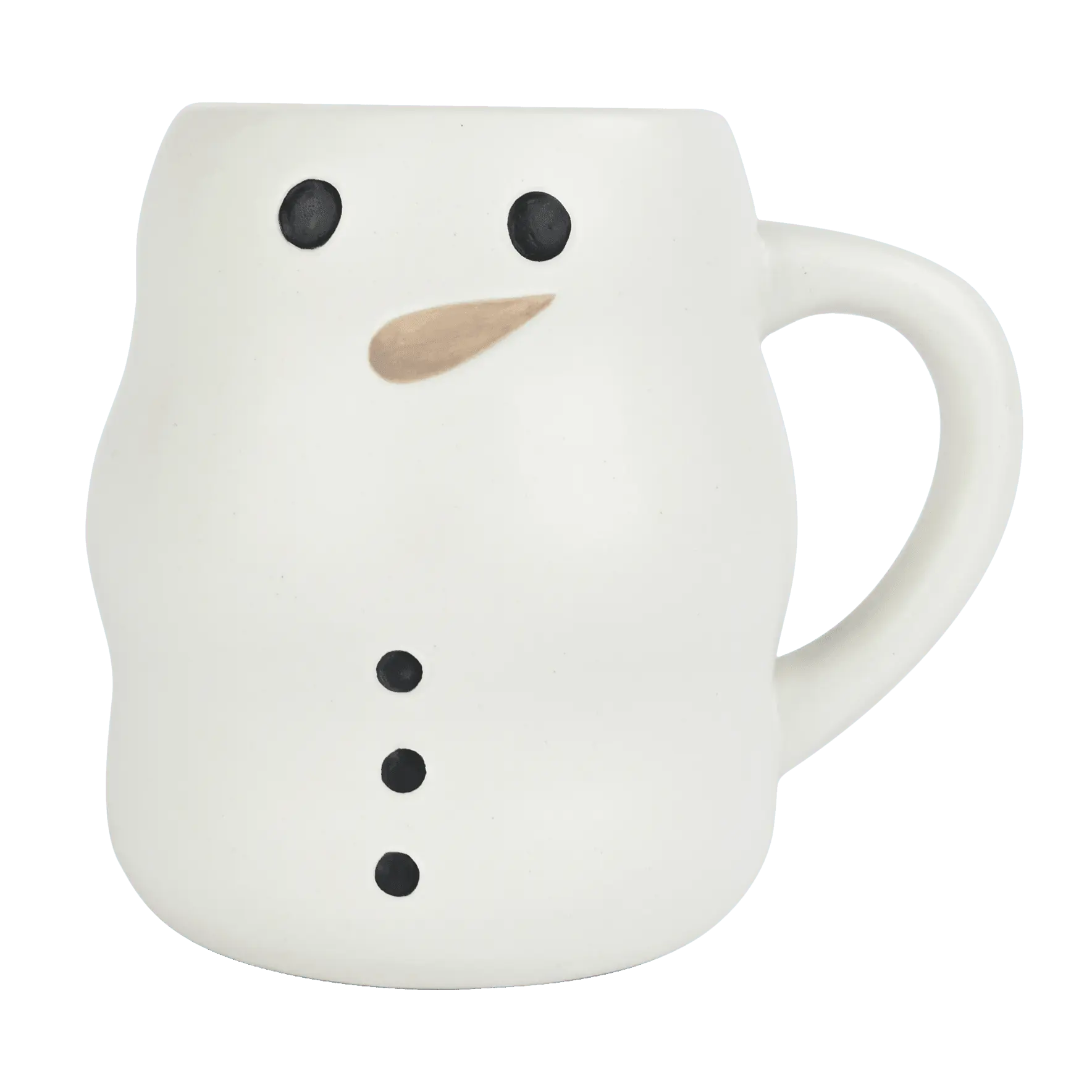 A white ceramic mug shaped like a snowman, featuring black dot eyes and buttons, a beige carrot nose, and a C-shaped handle on a plain white background.