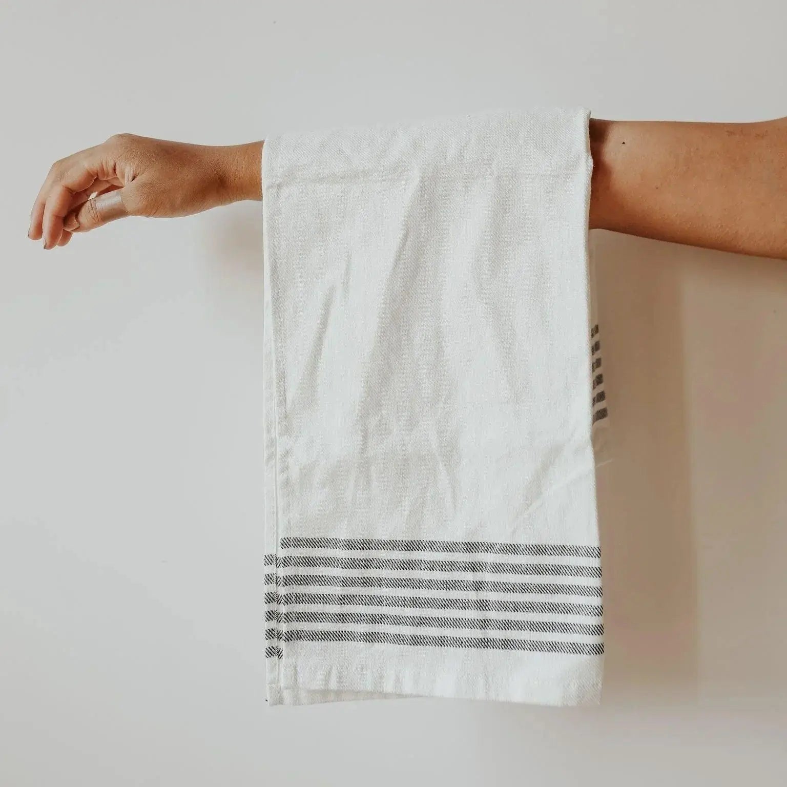 White farmhouse kitchen towel with black stripes, cozy cottage home decor essential