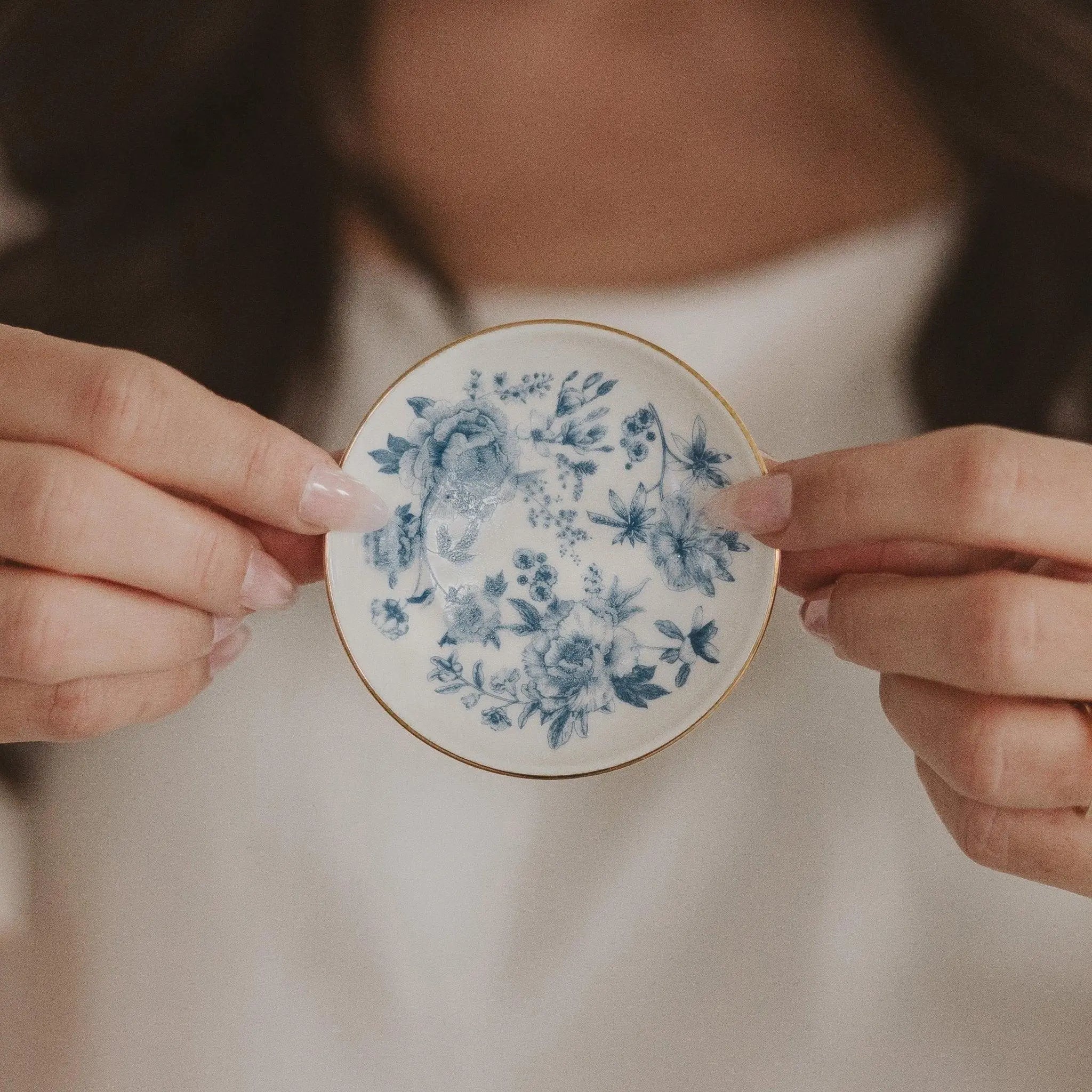 Blue floral porcelain trinket dish with gold rim, cozy farmhouse decor