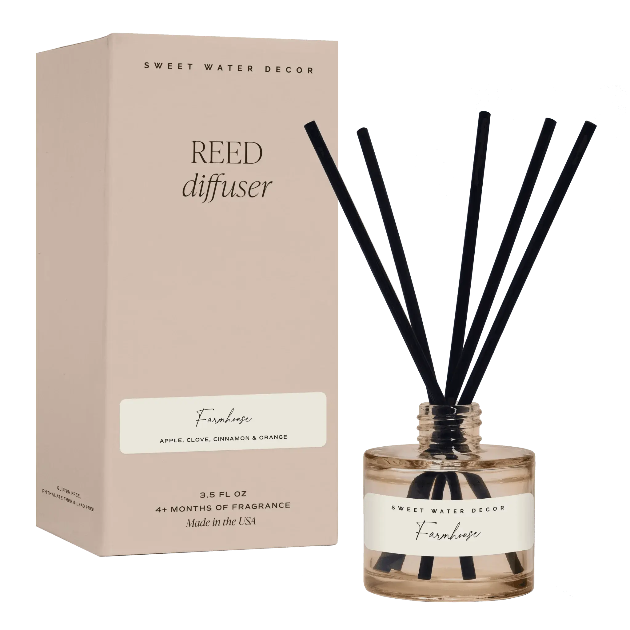 Farmhouse reed diffuser with black sticks, apple clove cinnamon orange scent, cozy home decor