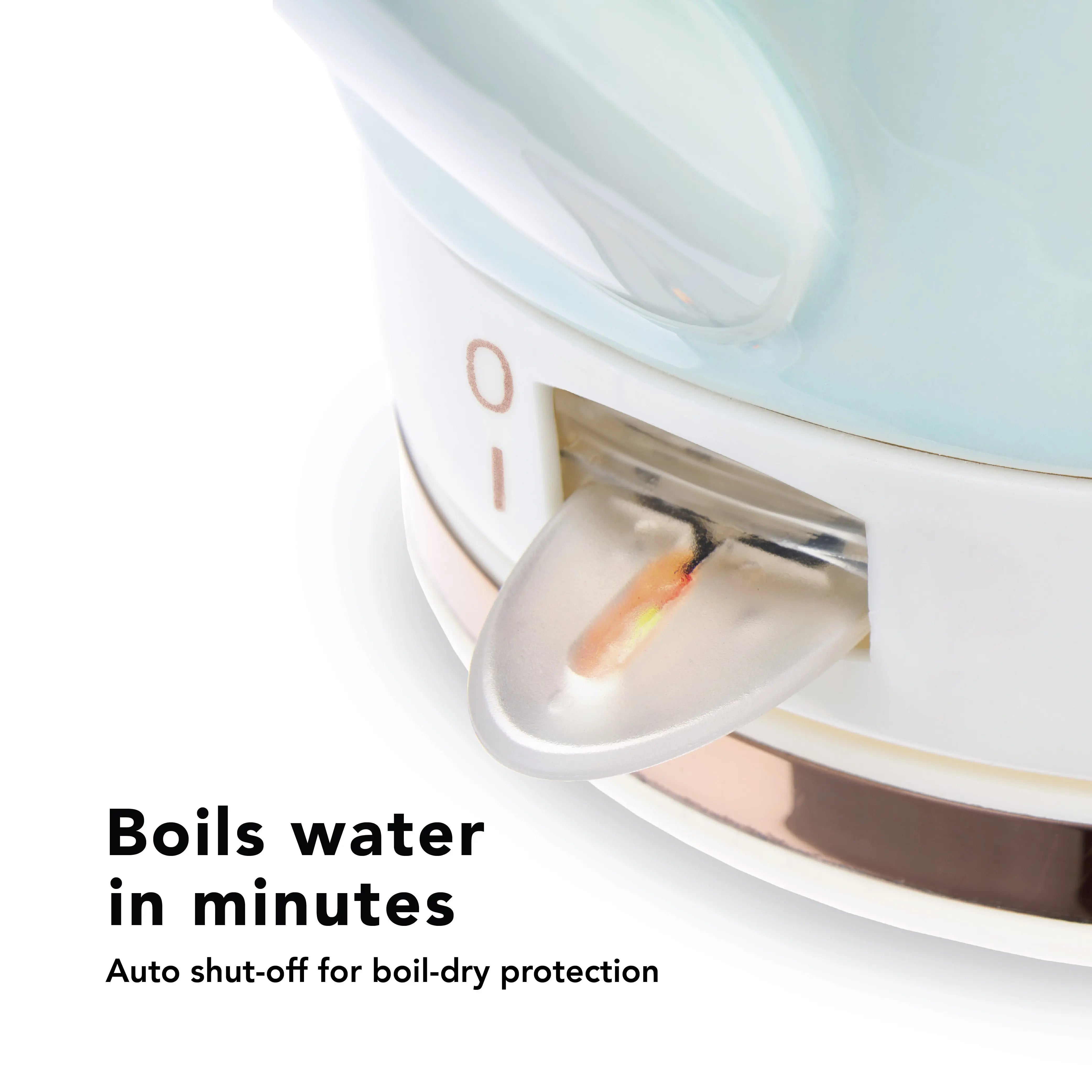 Close-up of a water boiler with text indicating it boils water in minutes and has an auto shut-off feature.