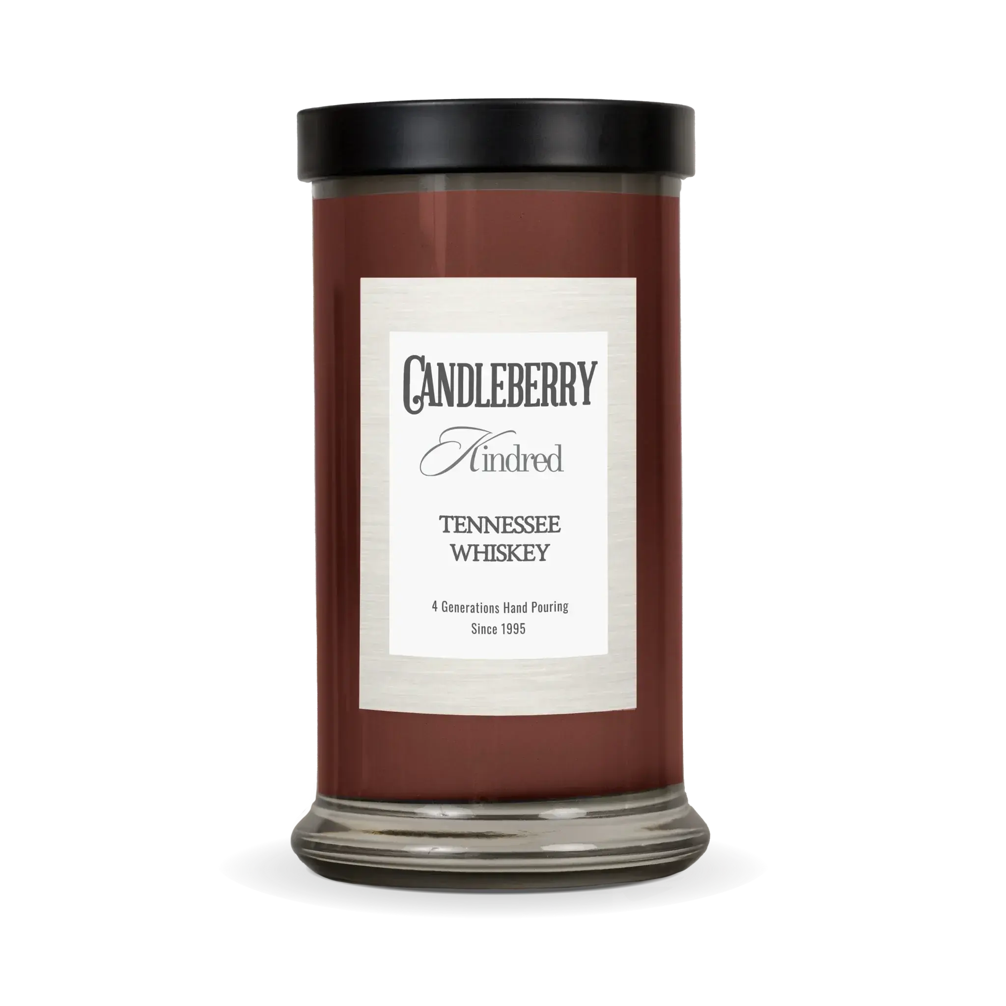 Candleberry Kindred Tennessee Whiskey scented candle in amber glass jar with black lid, cozy home decor