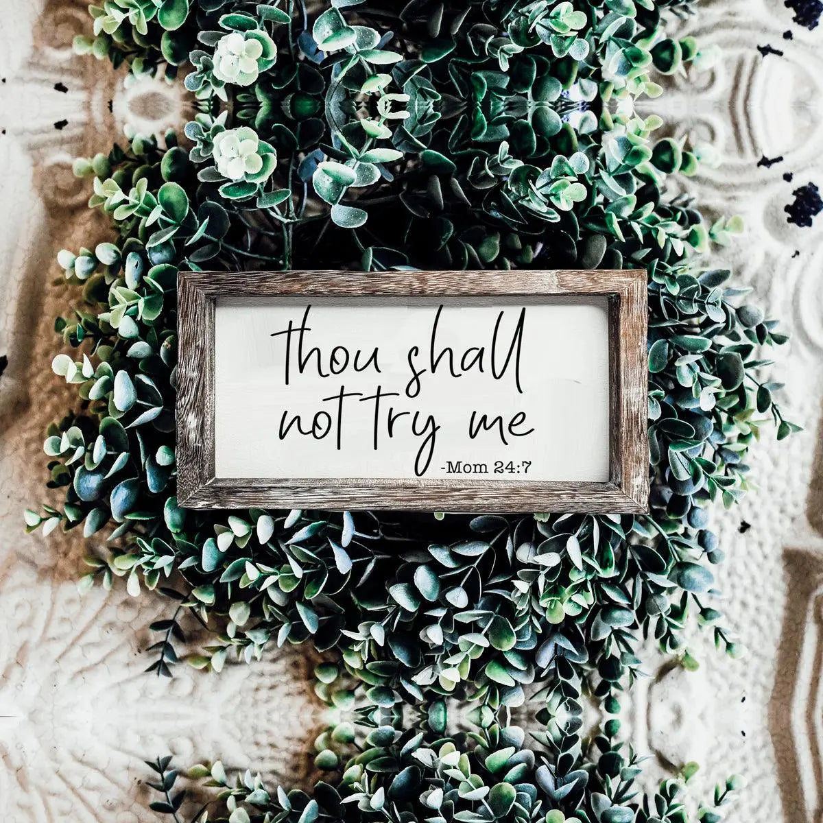 Decorative sign with 'thou shall not try me' text surrounded by greenery on a textured background