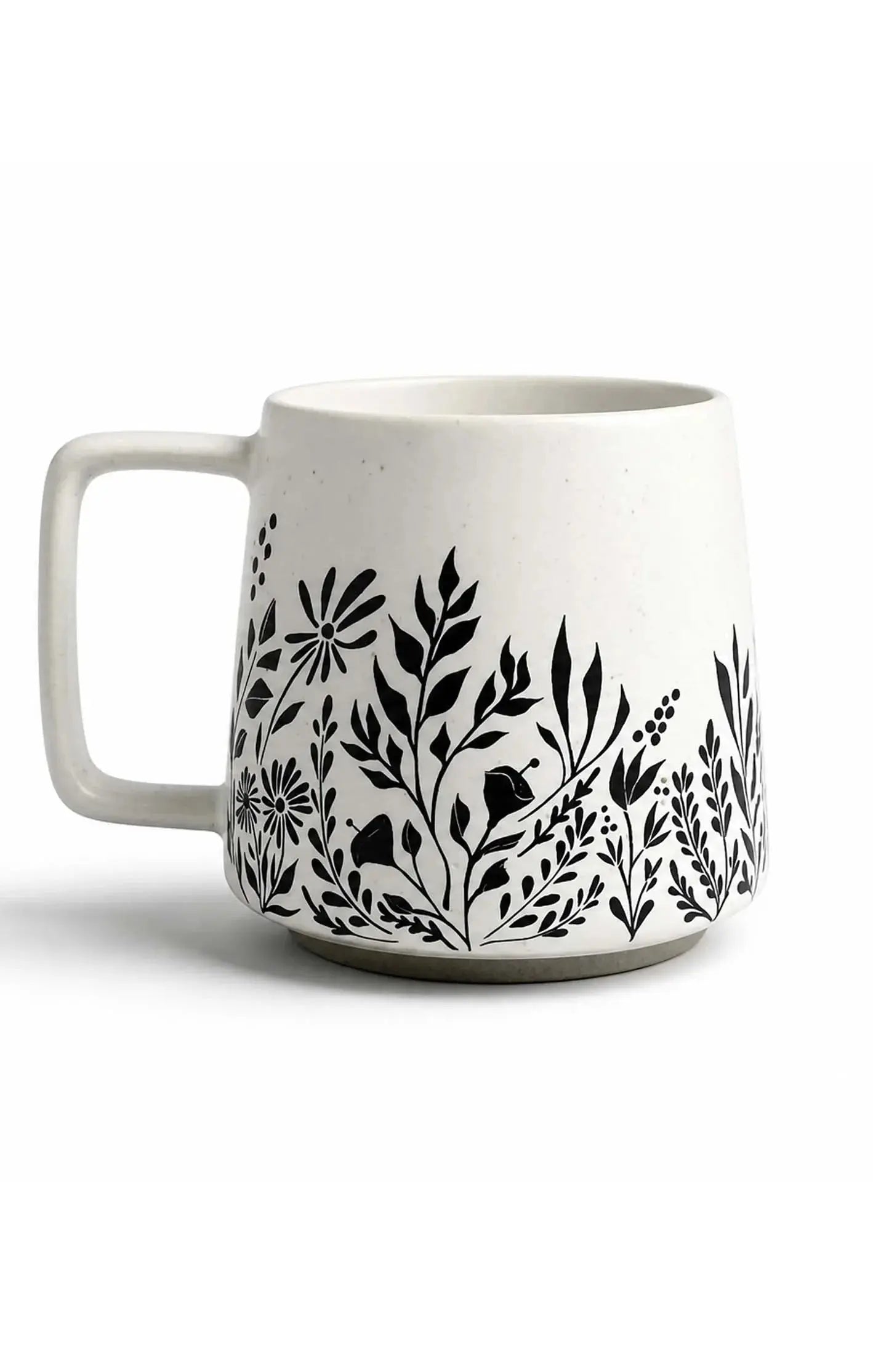 White ceramic mug with black floral and leaf pattern, farmhouse style home decor