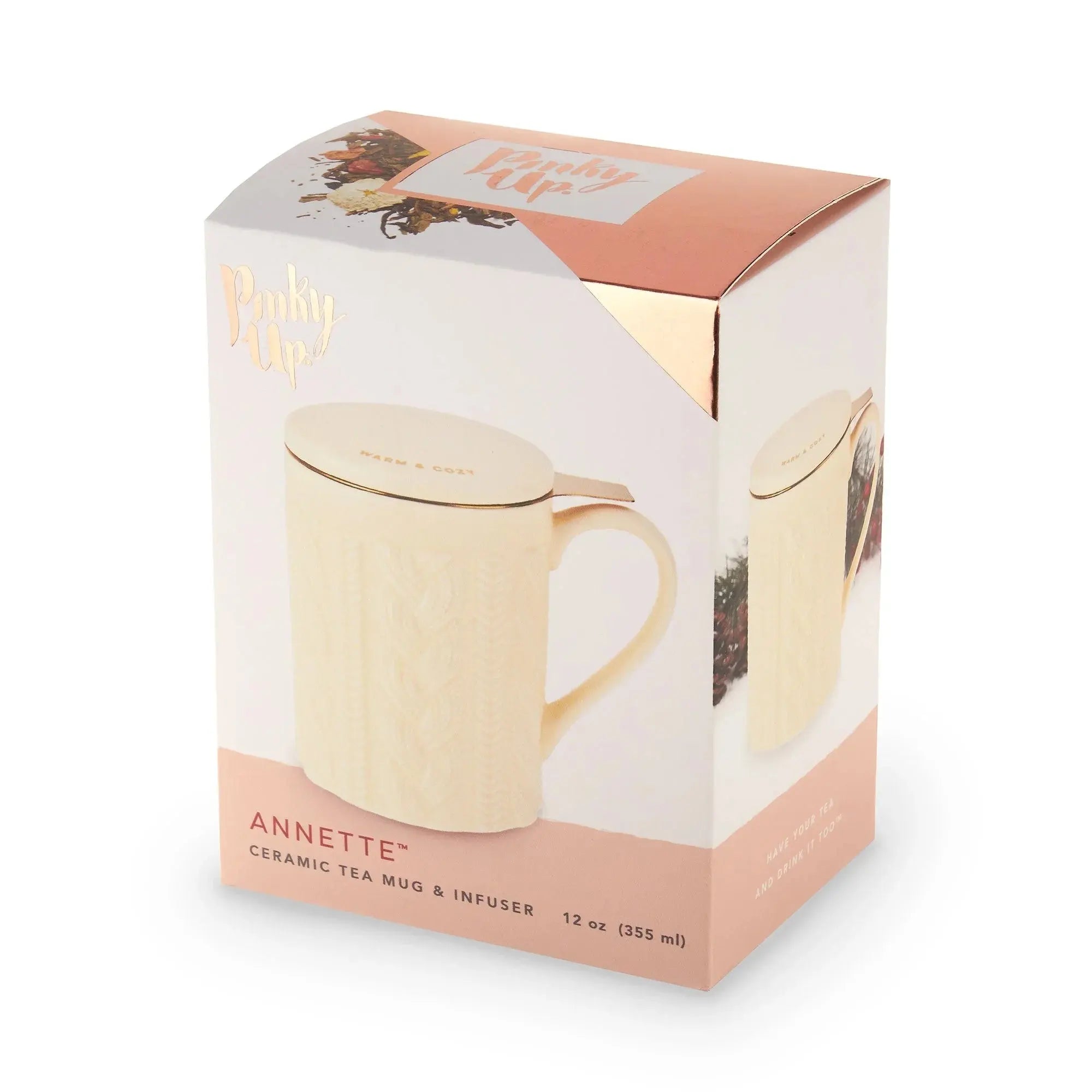 Ceramic tea mug and infuser packaging with 'Annette' branding on a white background