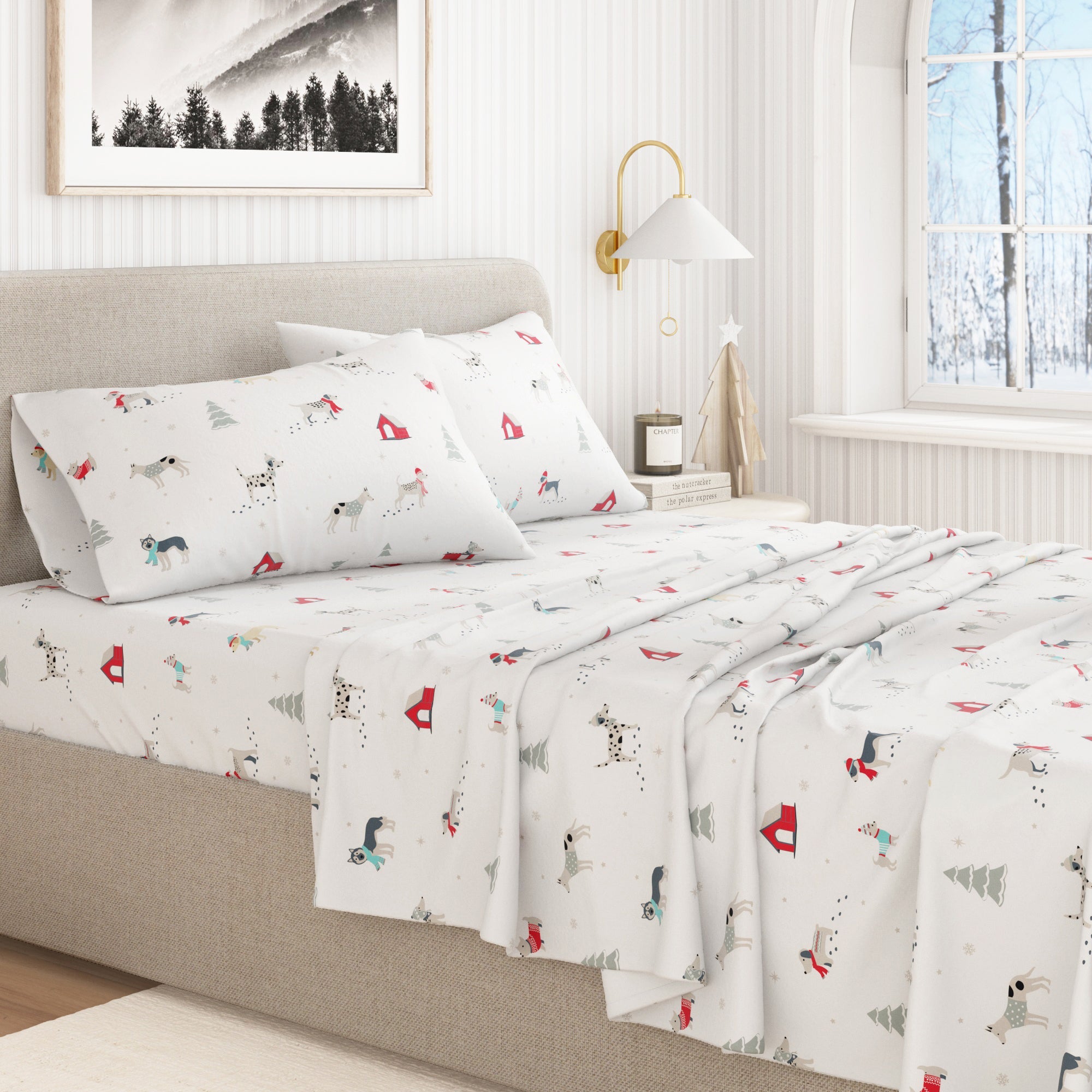 Bed with patterned bedding and pillows in a bedroom setting