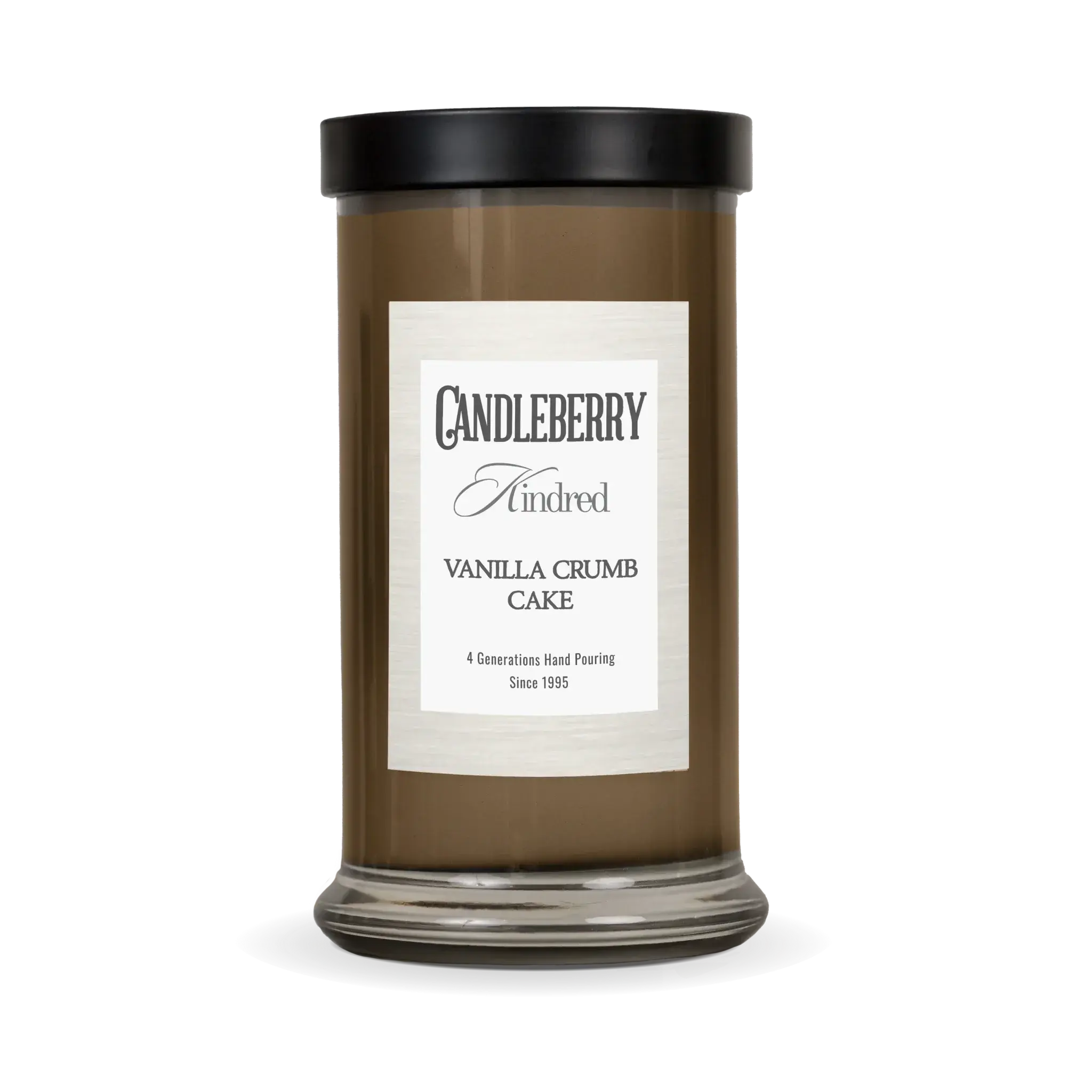 Vanilla Crumb Cake scented candle in amber glass jar with black lid, farmhouse home decor