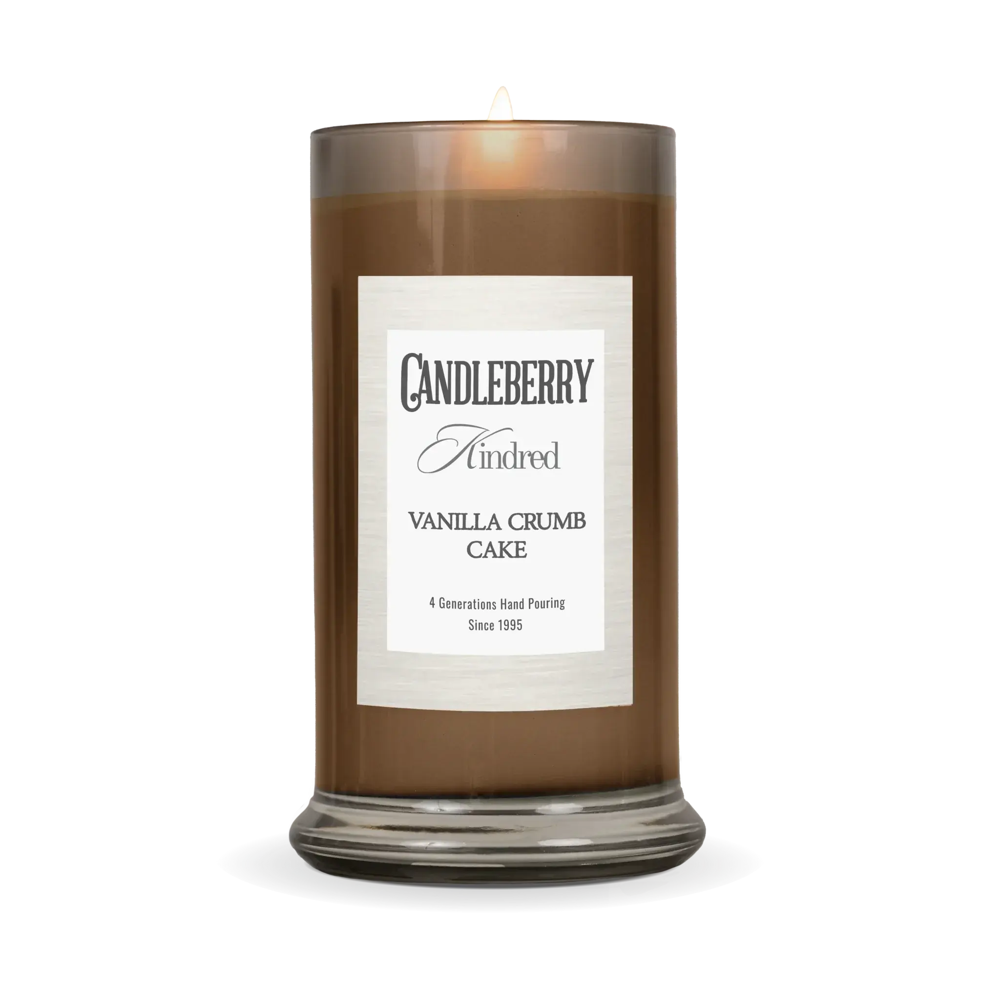 Lit Candleberry Kindred Vanilla Crumb Cake scented candle in amber glass jar, cozy home decor