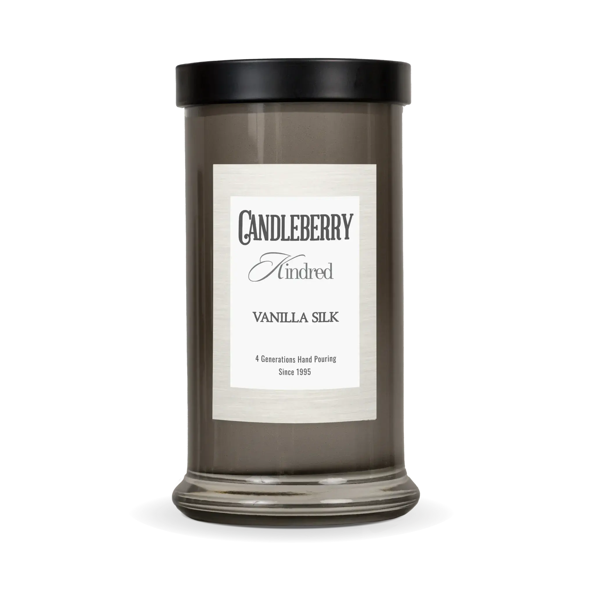 Candleberry Kindred Vanilla Silk scented candle in smoky glass jar with black lid, cozy home decor