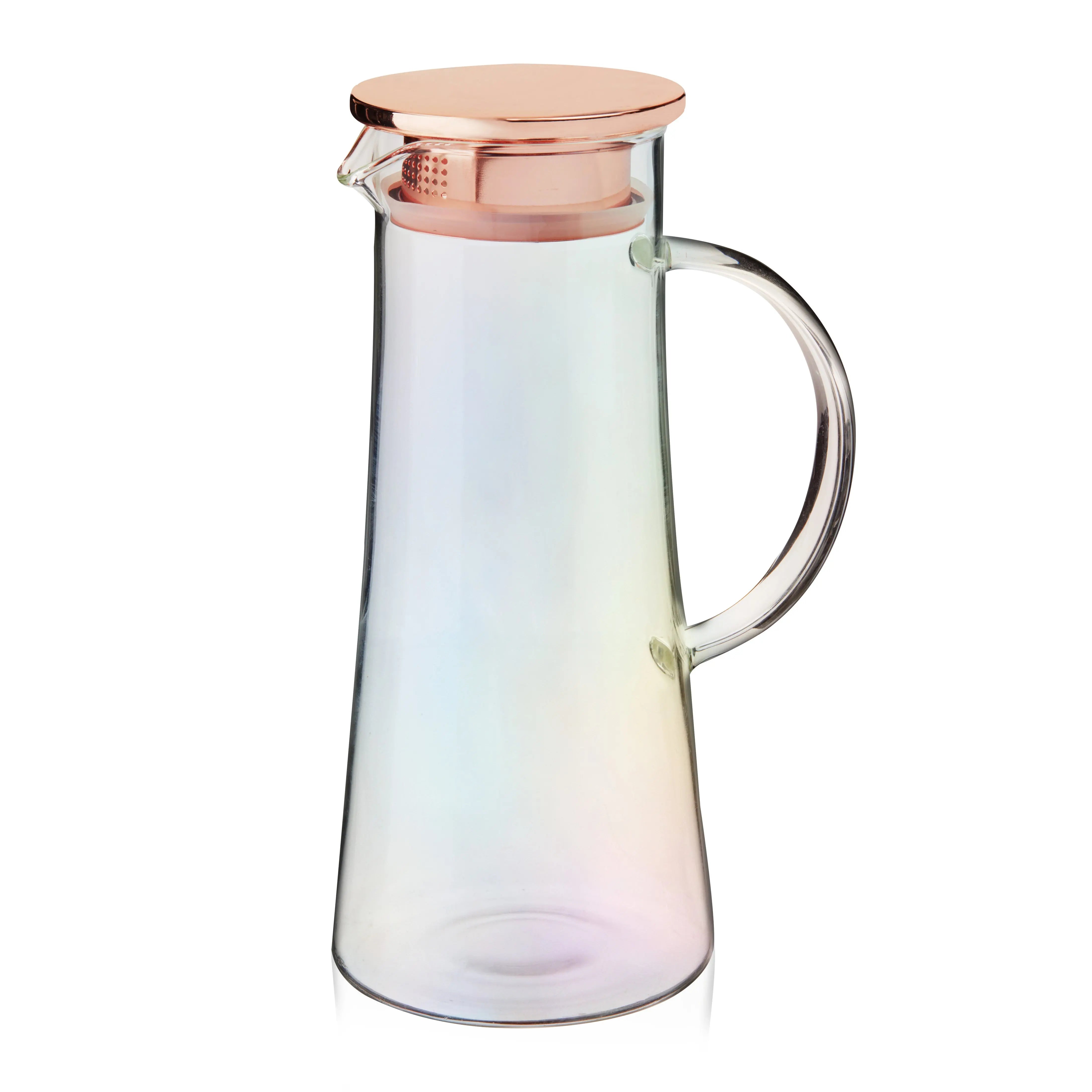 Glass carafe with a copper-colored lid and handle on a white background