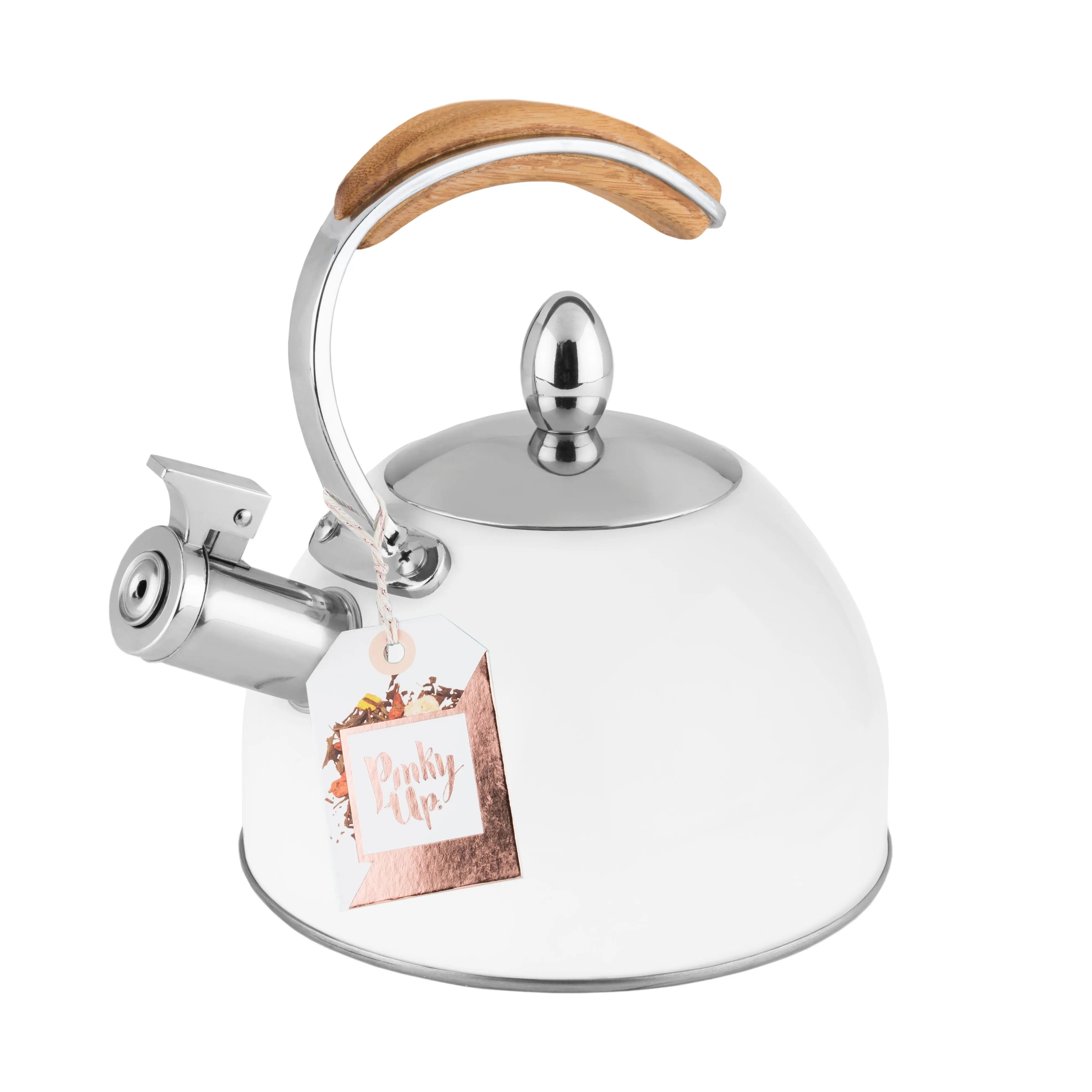 White kettle with wooden handle on a white background