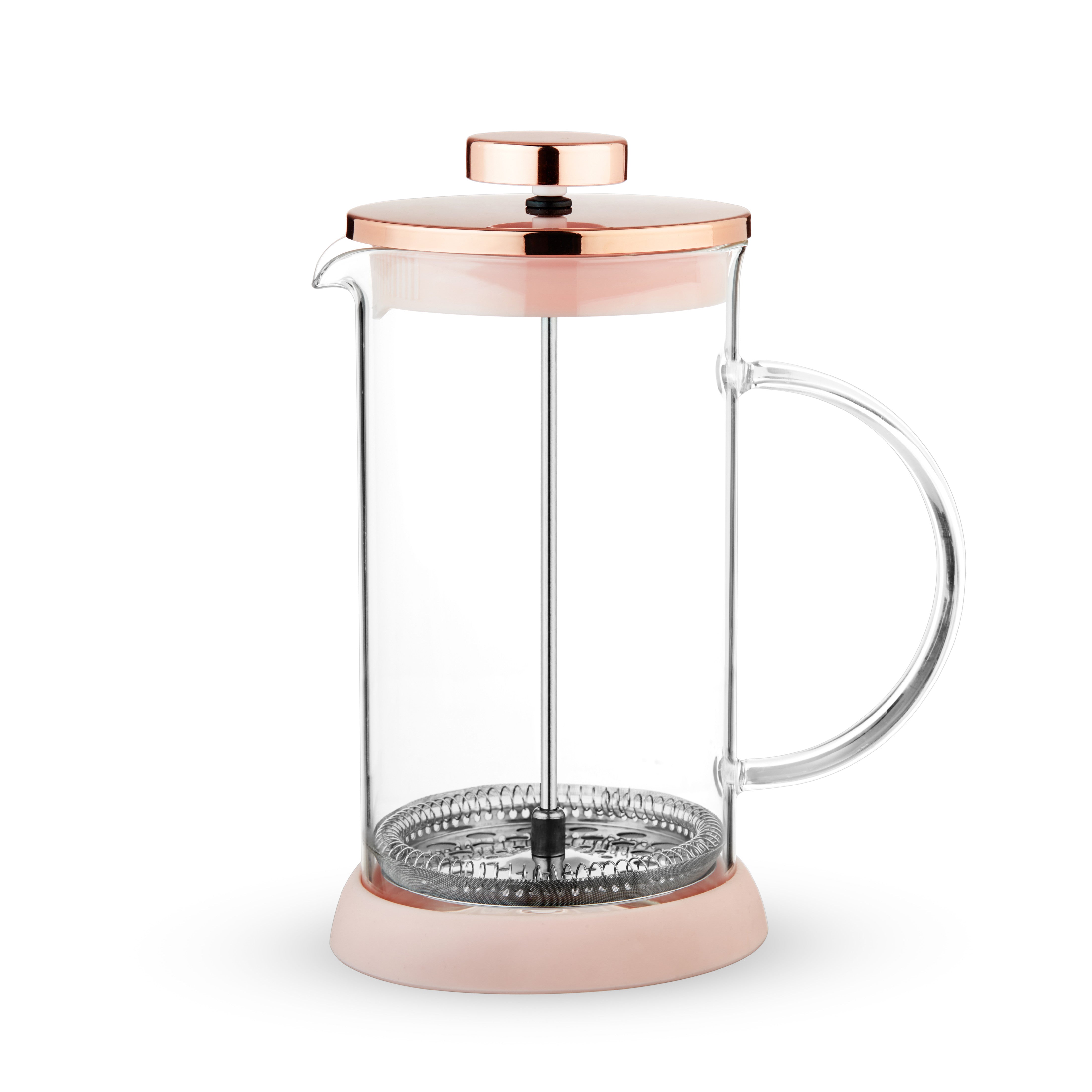 Rose gold French press coffee maker on a white background
