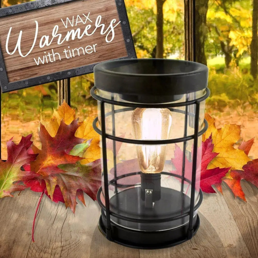 Black metal wax warmer with timer, vintage bulb, autumn leaves, cozy farmhouse decor