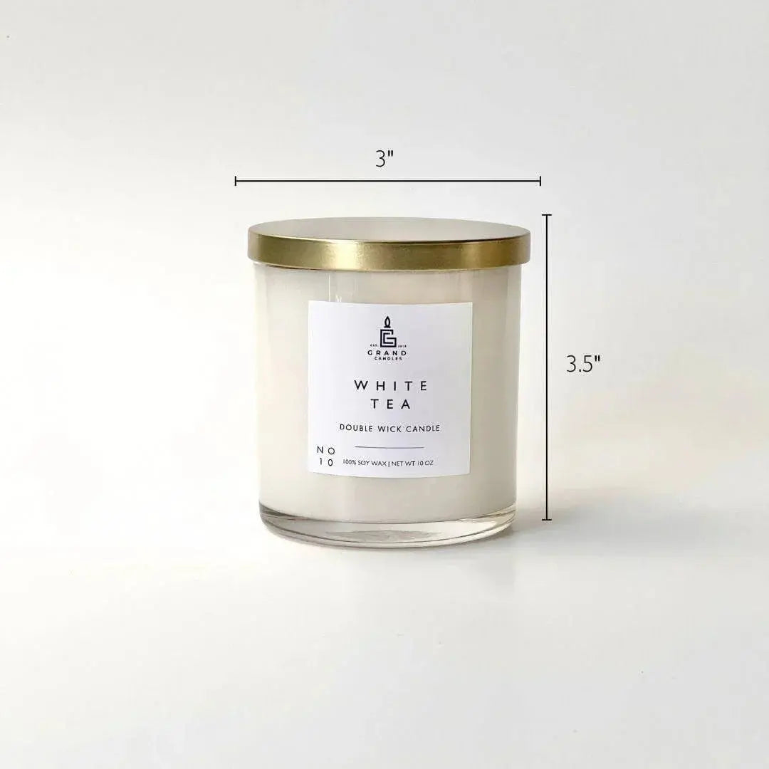 White Tea double wick soy candle in glass jar with gold lid, 3.5 inches tall, cozy home decor