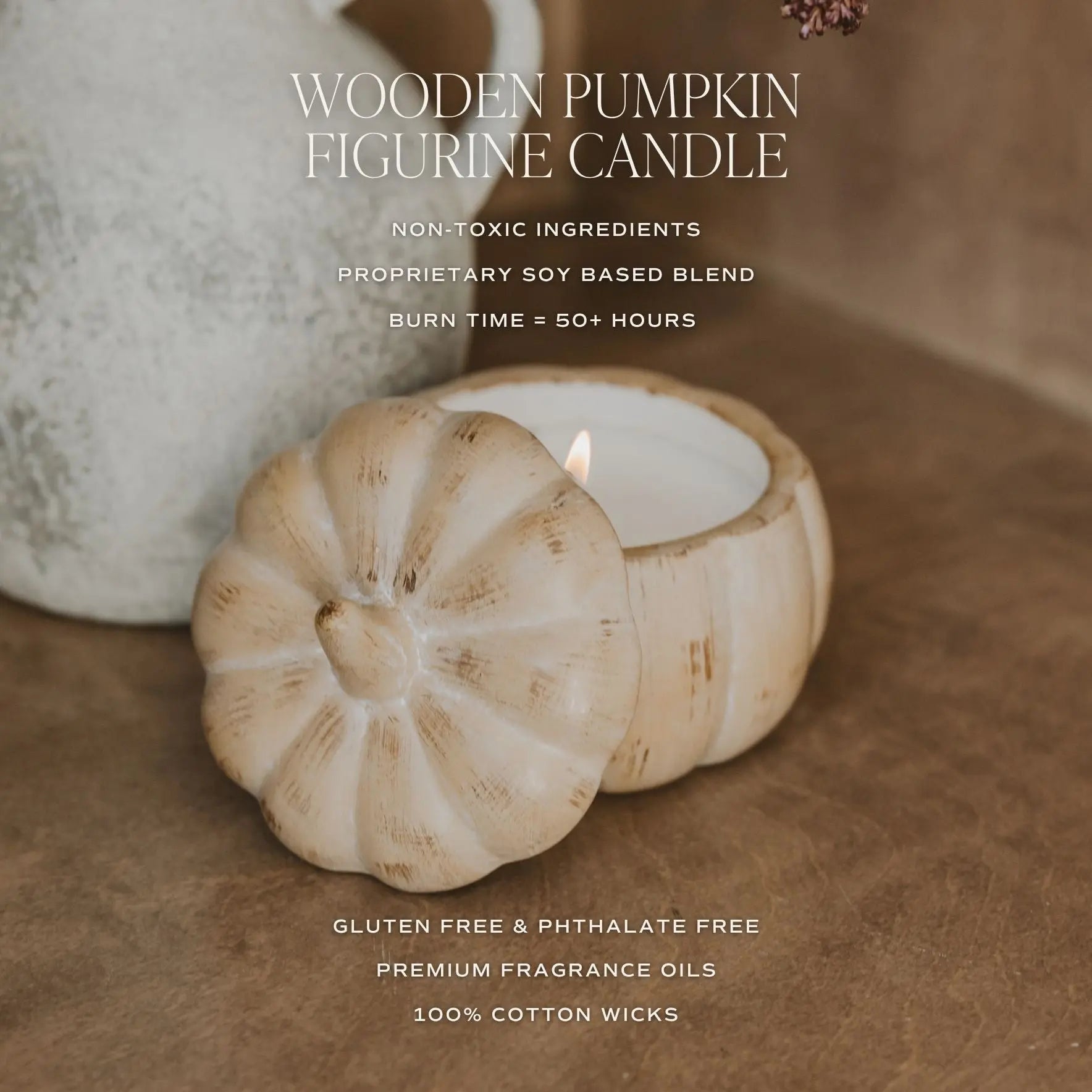 Wooden pumpkin-shaped candle on a brown surface with product details text overlay.
