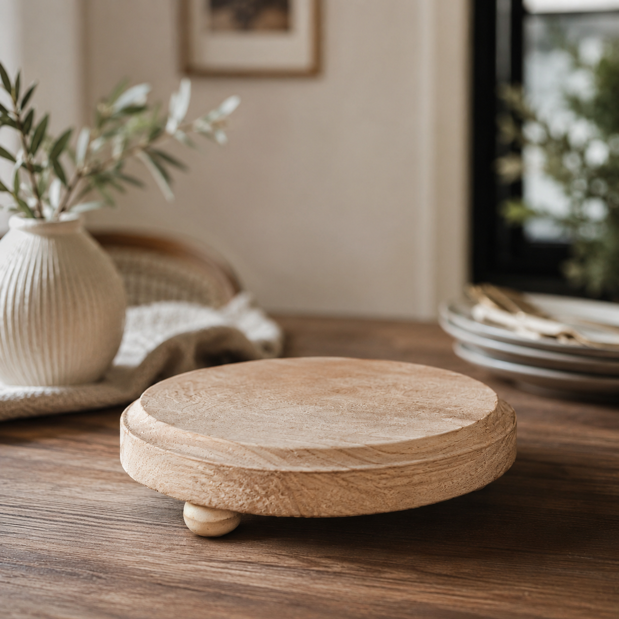 Wooden coaster on a wooden surface with a blurred background