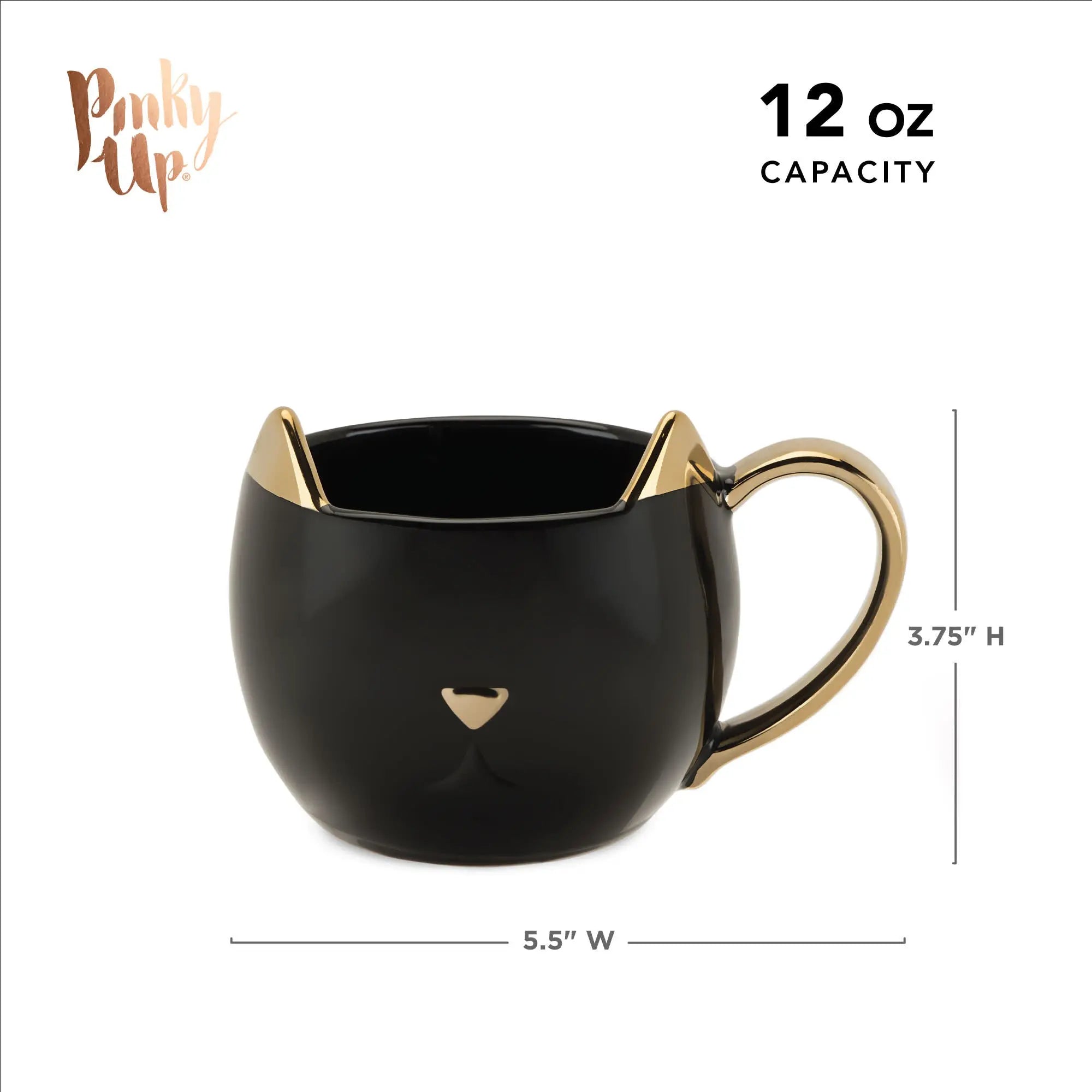 Black cat-shaped mug with gold accents and measurements on a white background