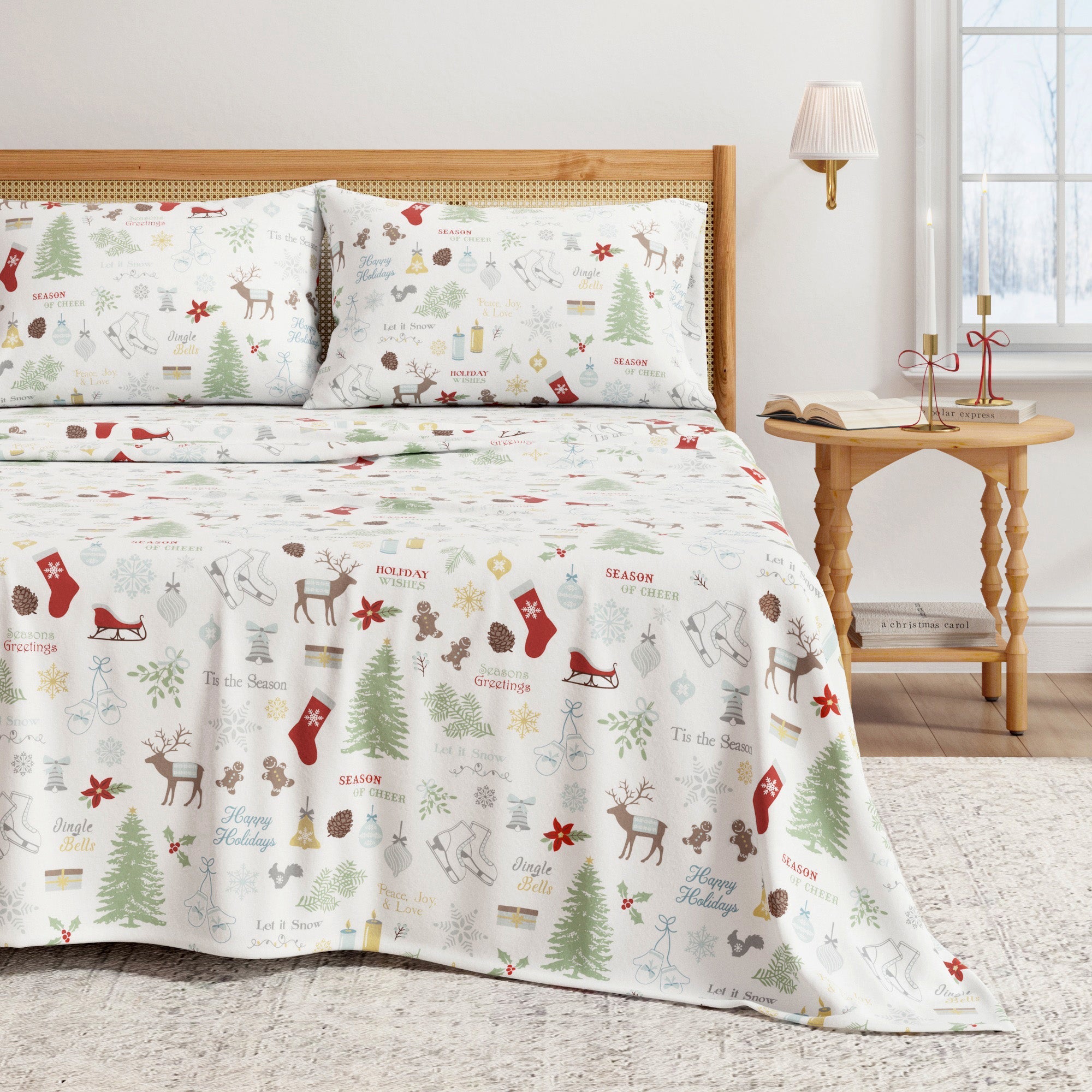 Christmas-themed bedspread on a bed with a wooden headboard and side table.