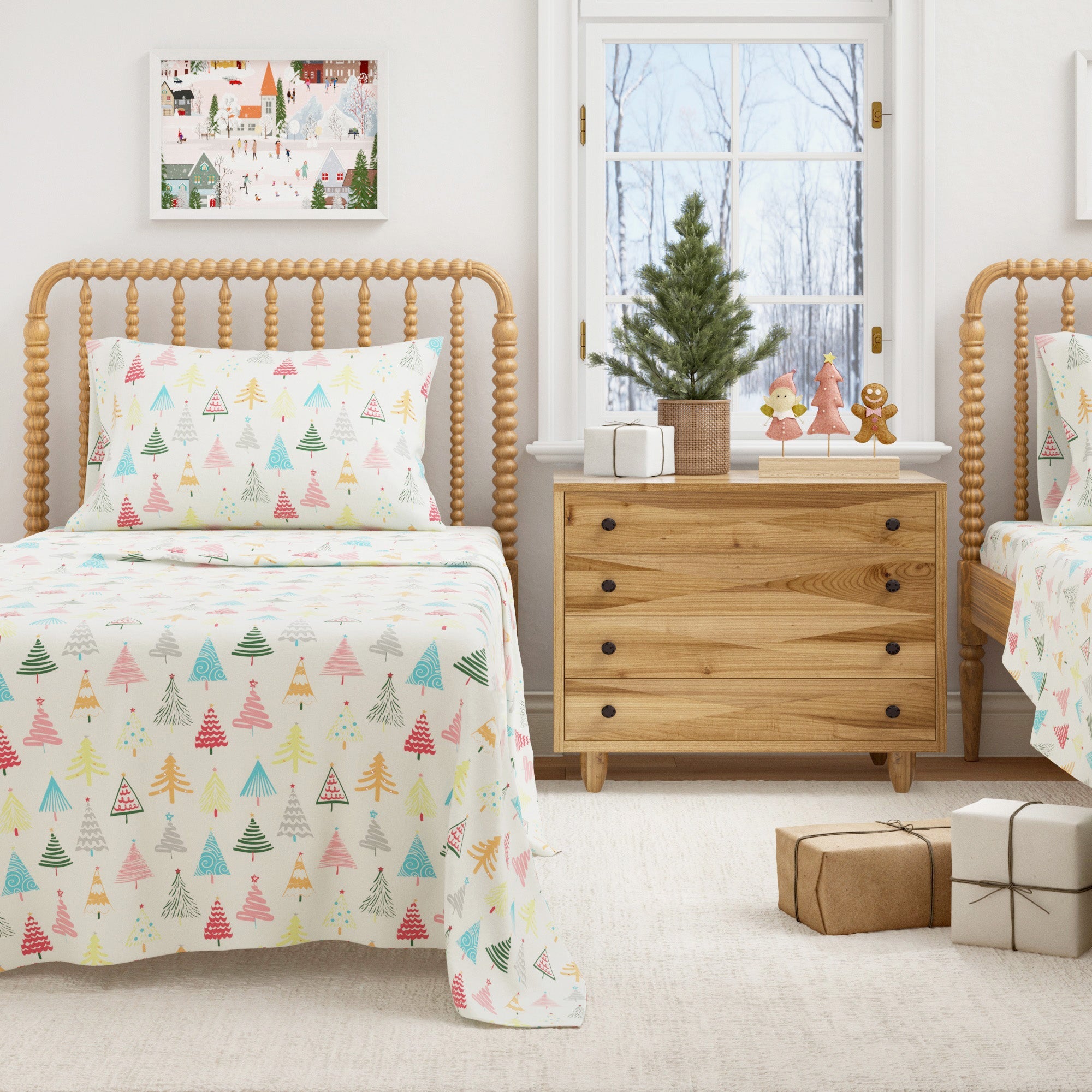 Children's bedroom with Christmas-themed bedding and decor.