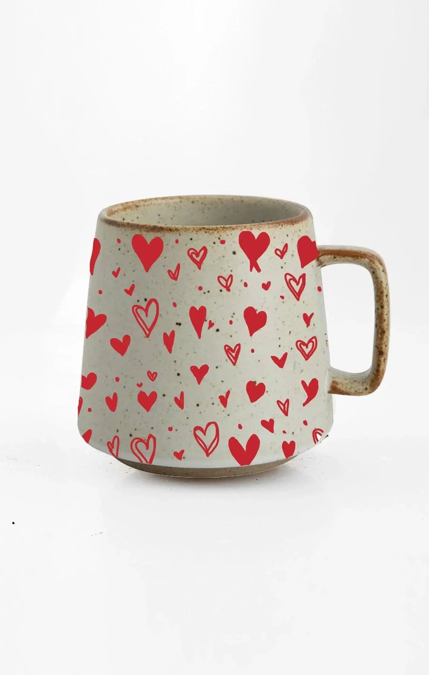 Ceramic mug with red heart pattern, cozy farmhouse style for coffee or tea