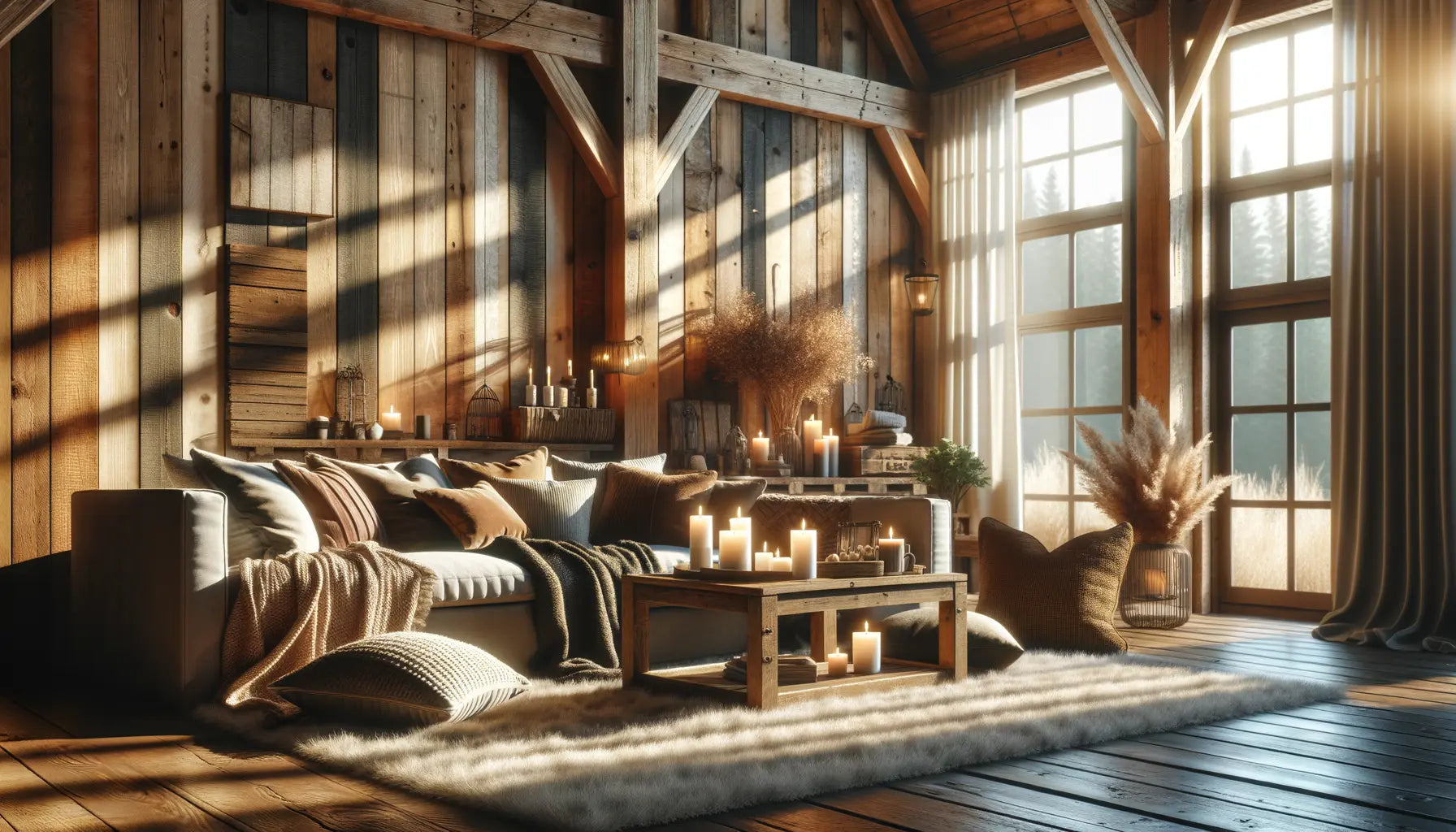Cozy farmhouse living room with wooden beams, candles, and soft textiles bathed in warm sunlight