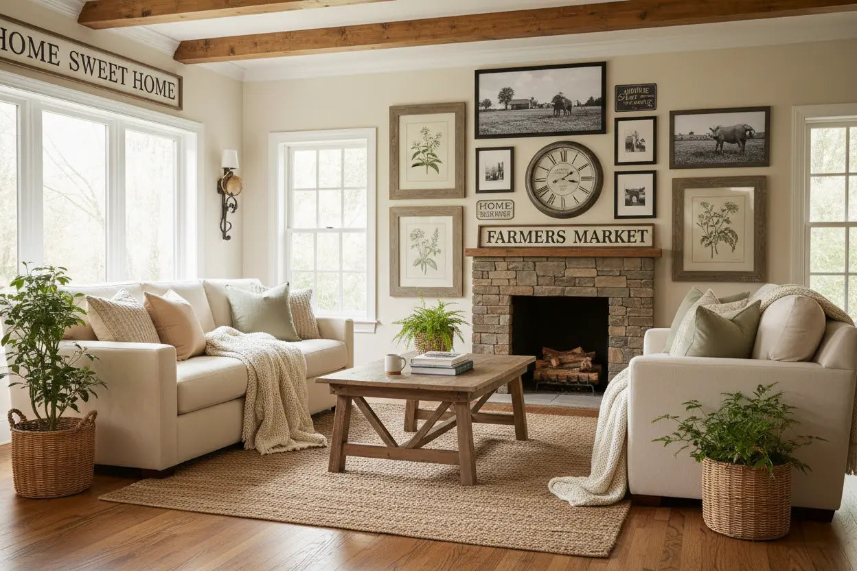 Cozy farmhouse living room with rustic wood beams, stone fireplace, and neutral decor