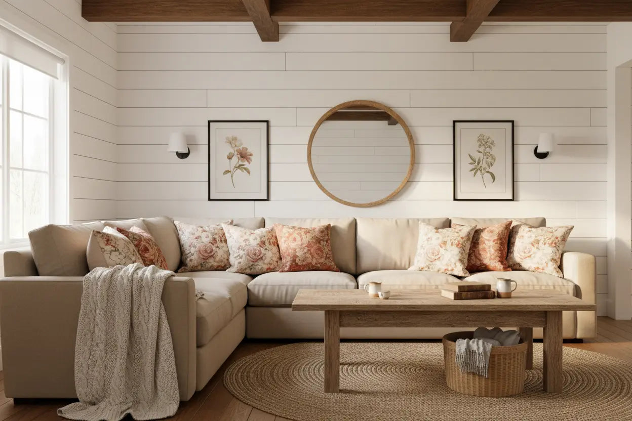 Cozy farmhouse living room with floral pillows, wooden coffee table, and shiplap walls