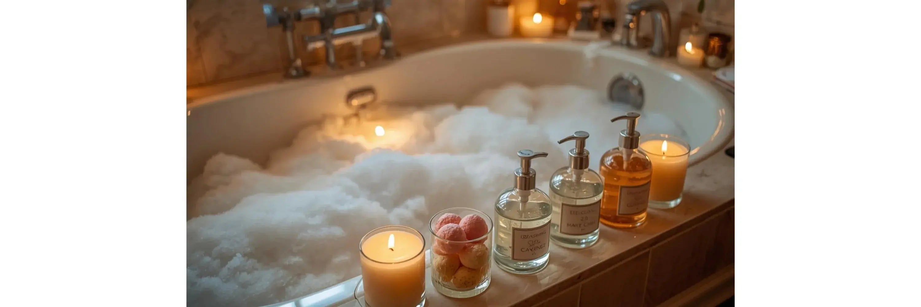 Cozy bubble bath with candles, bath bombs, and luxury bath essentials for a relaxing soak.