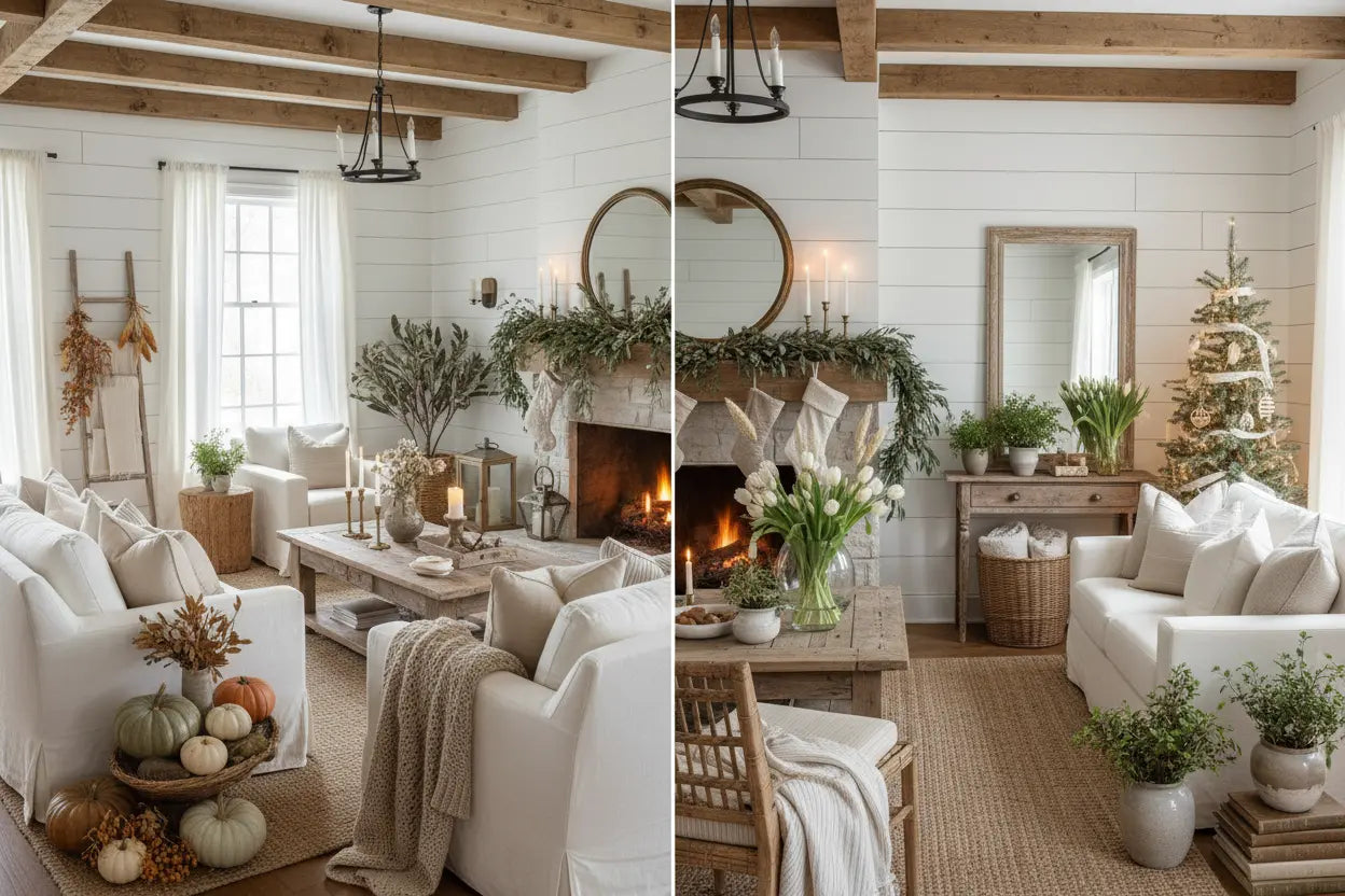 Neutral farmhouse living room styled for multiple seasons, featuring autumn pumpkins, spring tulips, Christmas greenery, cozy textiles, rustic wood accents, and a warm fireplace in an inviting farmhouse setting.