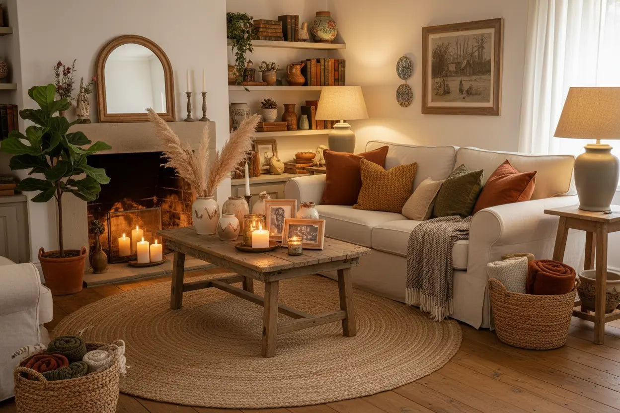 Cozy farmhouse living room with lit candles, rustic coffee table, and warm throw pillows