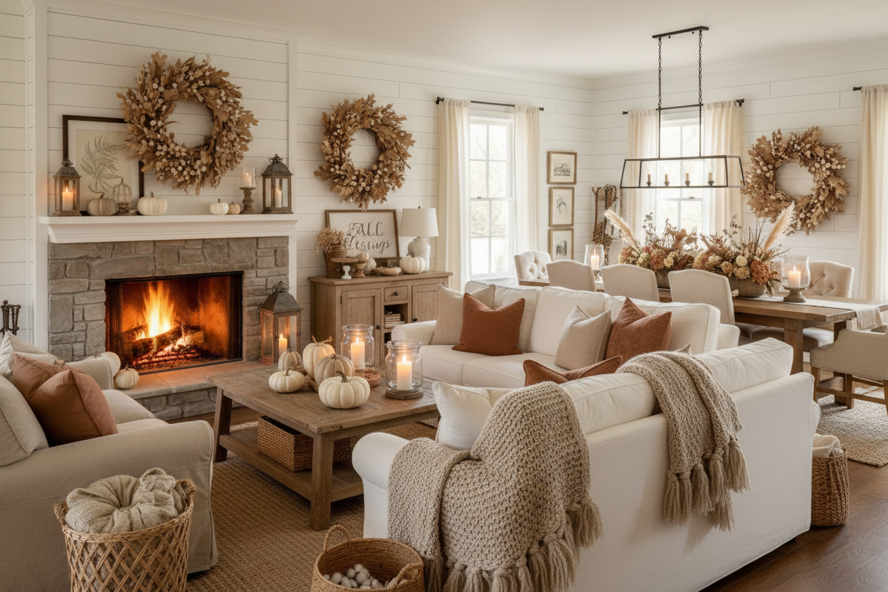 Fall farmhouse decor featuring neutral pumpkins, autumn wreaths, candle lanterns, cozy textiles, rustic wood accents, and a warm fireplace in a welcoming farmhouse living room.