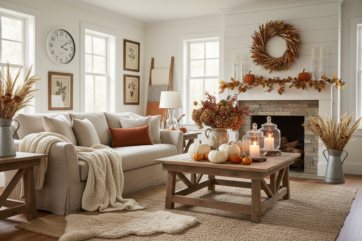 Cozy farmhouse living room decorated for fall with neutral pumpkins, autumn wreath, rustic wood coffee table, candles, warm textiles, and seasonal farmhouse decor around a fireplace.