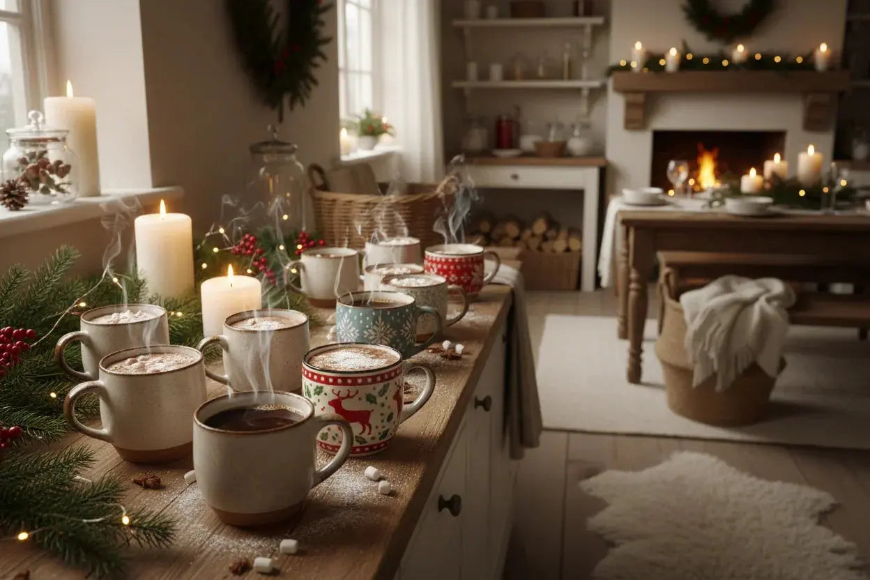 Cozy farmhouse kitchen with steaming mugs, candles, and holiday decor for warm winter evenings