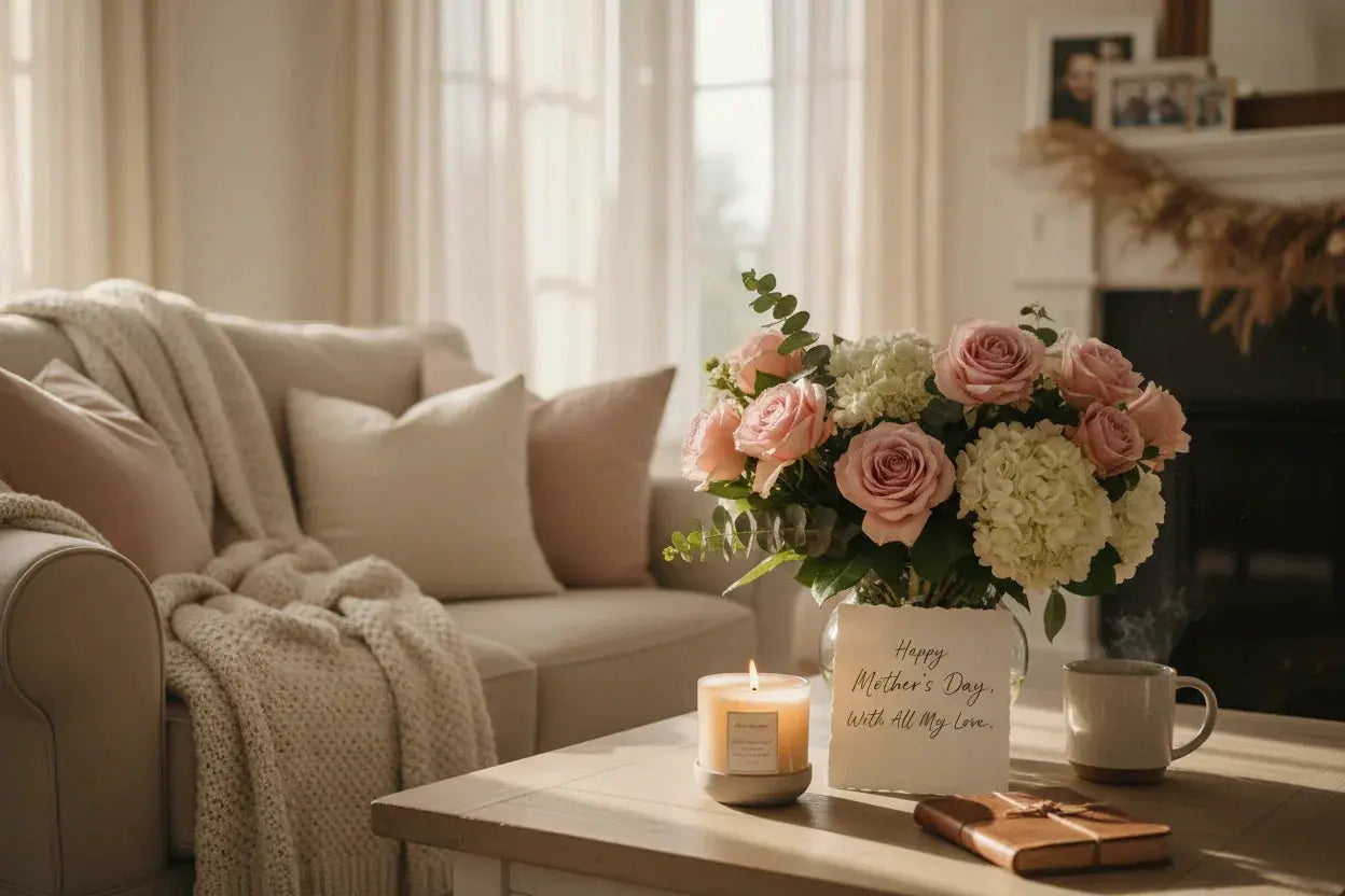 Cozy living room with pink roses, lit candle, and Mother’s Day card on coffee table, farmhouse decor