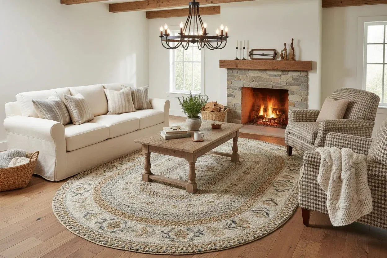 Cozy farmhouse living room with stone fireplace, wooden coffee table, patterned rug, and houndstooth armchairs