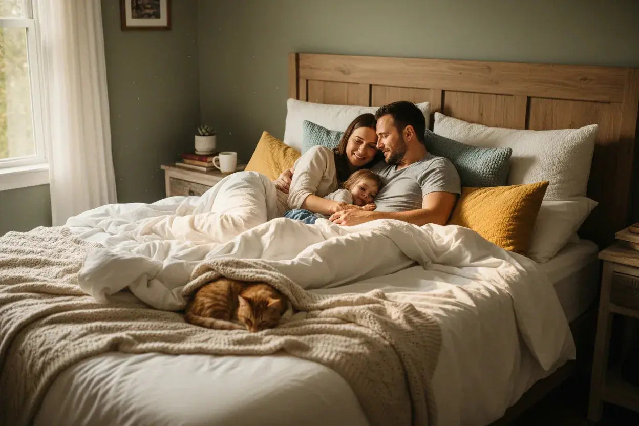 Cozy family snuggled in farmhouse-style bed with knit blanket, pillows, and sleeping cat for warm home decor