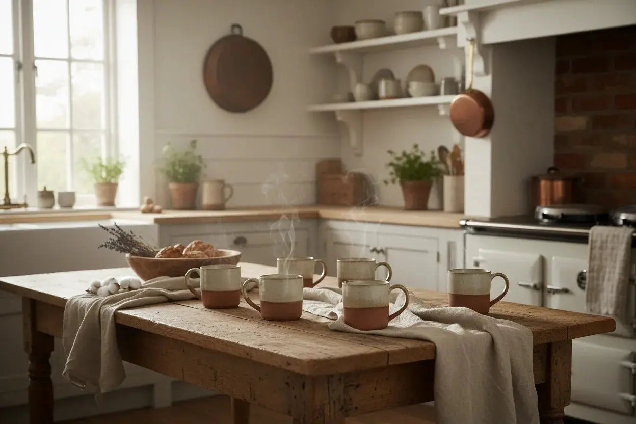 Cozy farmhouse kitchen with steaming mugs on rustic wooden table, cottage style decor and warm lighting