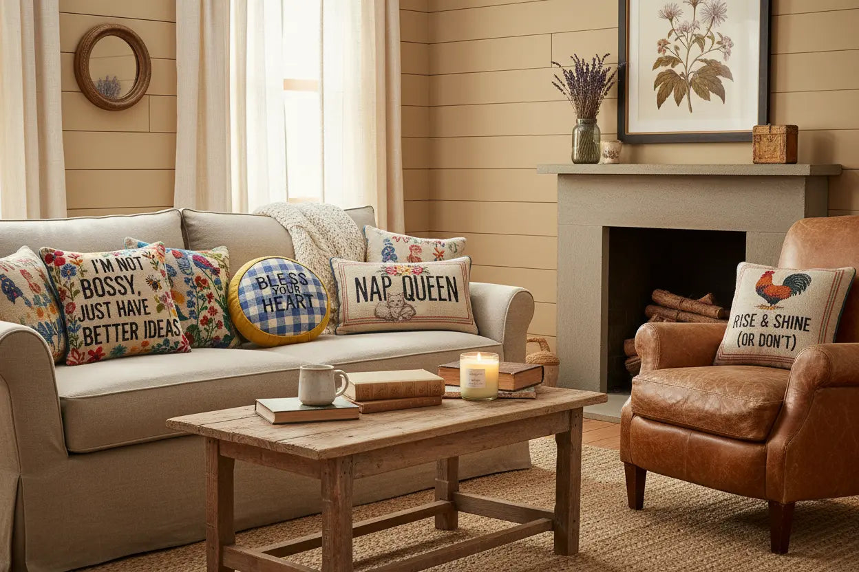 Sassy needlepoint pillow collection featuring witty sayings, colorful floral designs, and cozy farmhouse home decor styling.