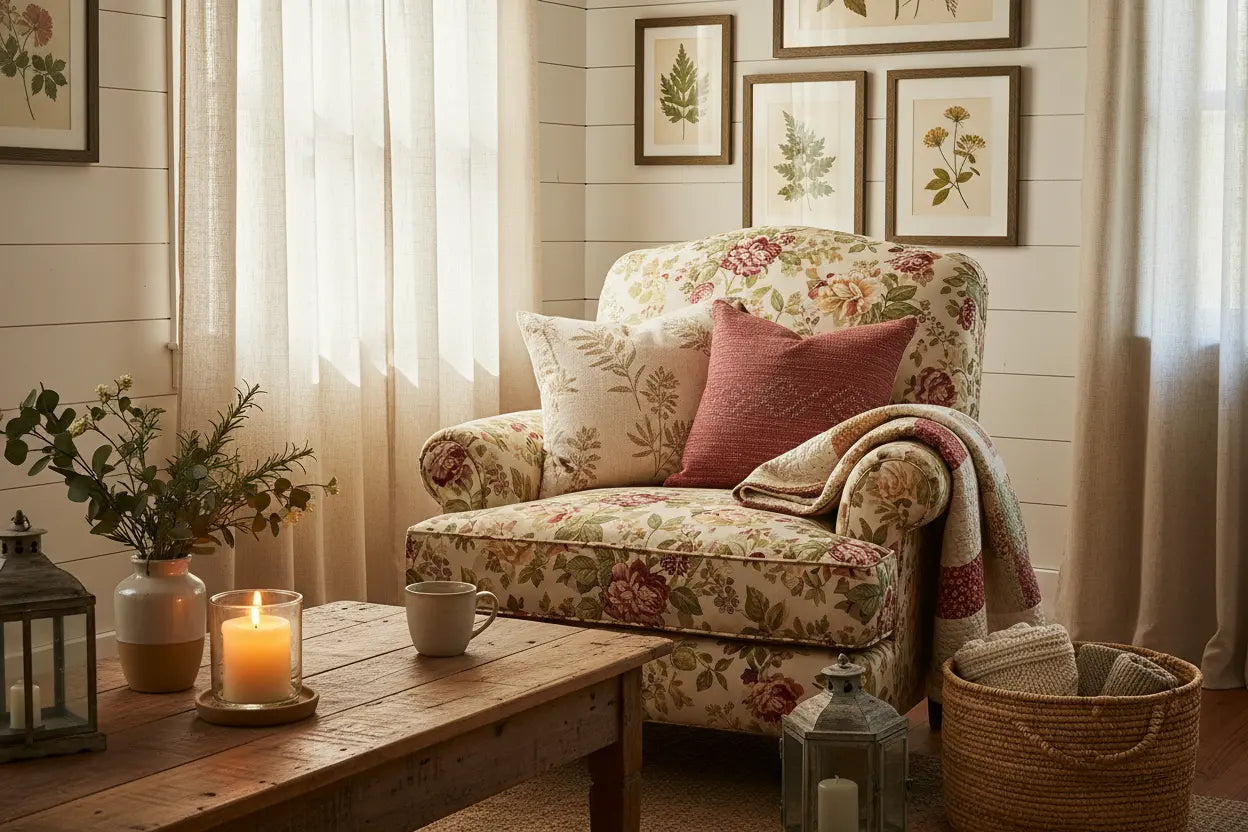 Cozy farmhouse cottage room with a floral chair, layered pillows, folded quilt, rustic coffee table, glowing candle, ceramic mug and botanical wall art.